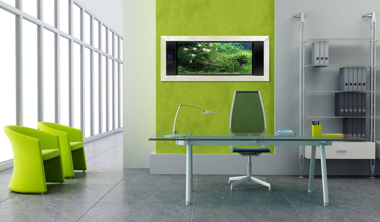 Interior Design 桌布 壁紙 — 現代簡約辦公室，設有萊姆綠色椅子、特色牆，以及玻璃桌上方的框式水族箱。