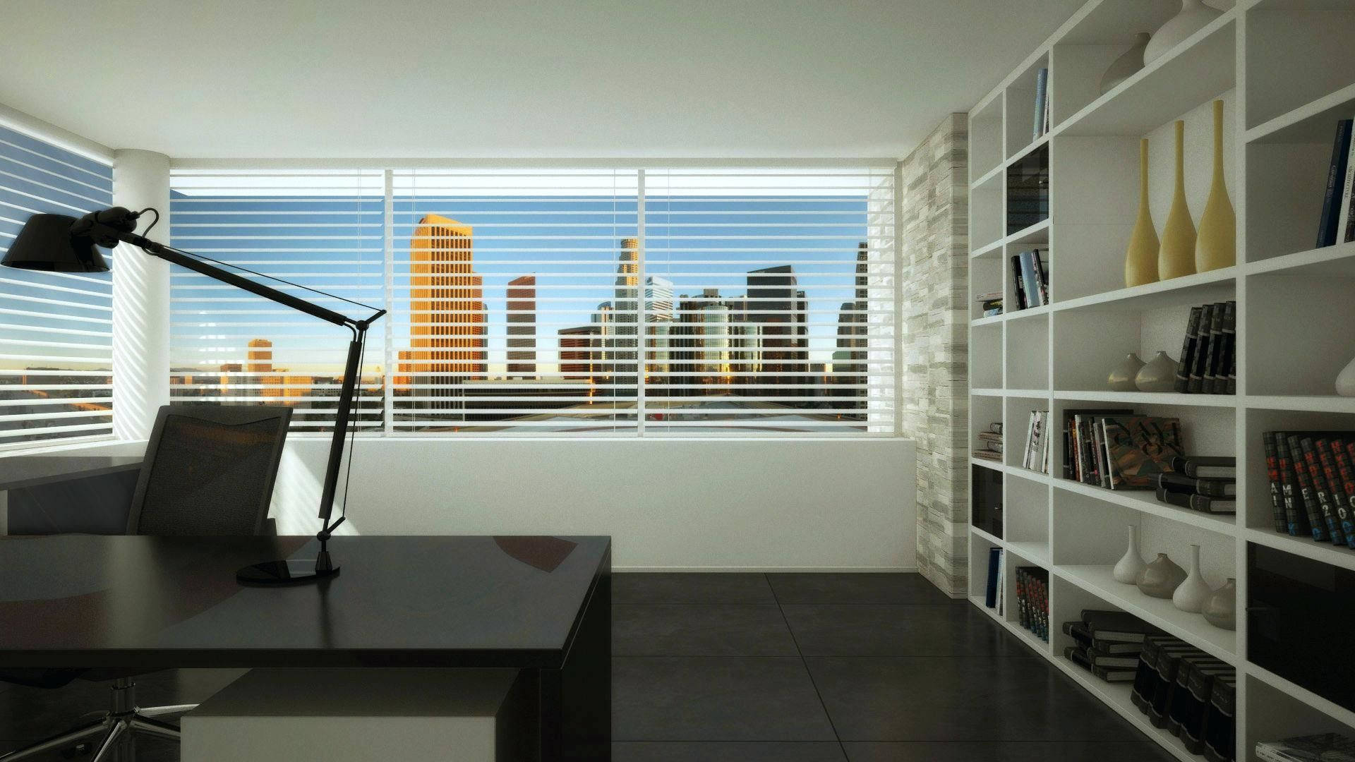 Office Space 桌布 壁紙 — 現代簡約辦公室，設有黑色書桌和椅子，透過水平百葉窗俯瞰城市天際線。