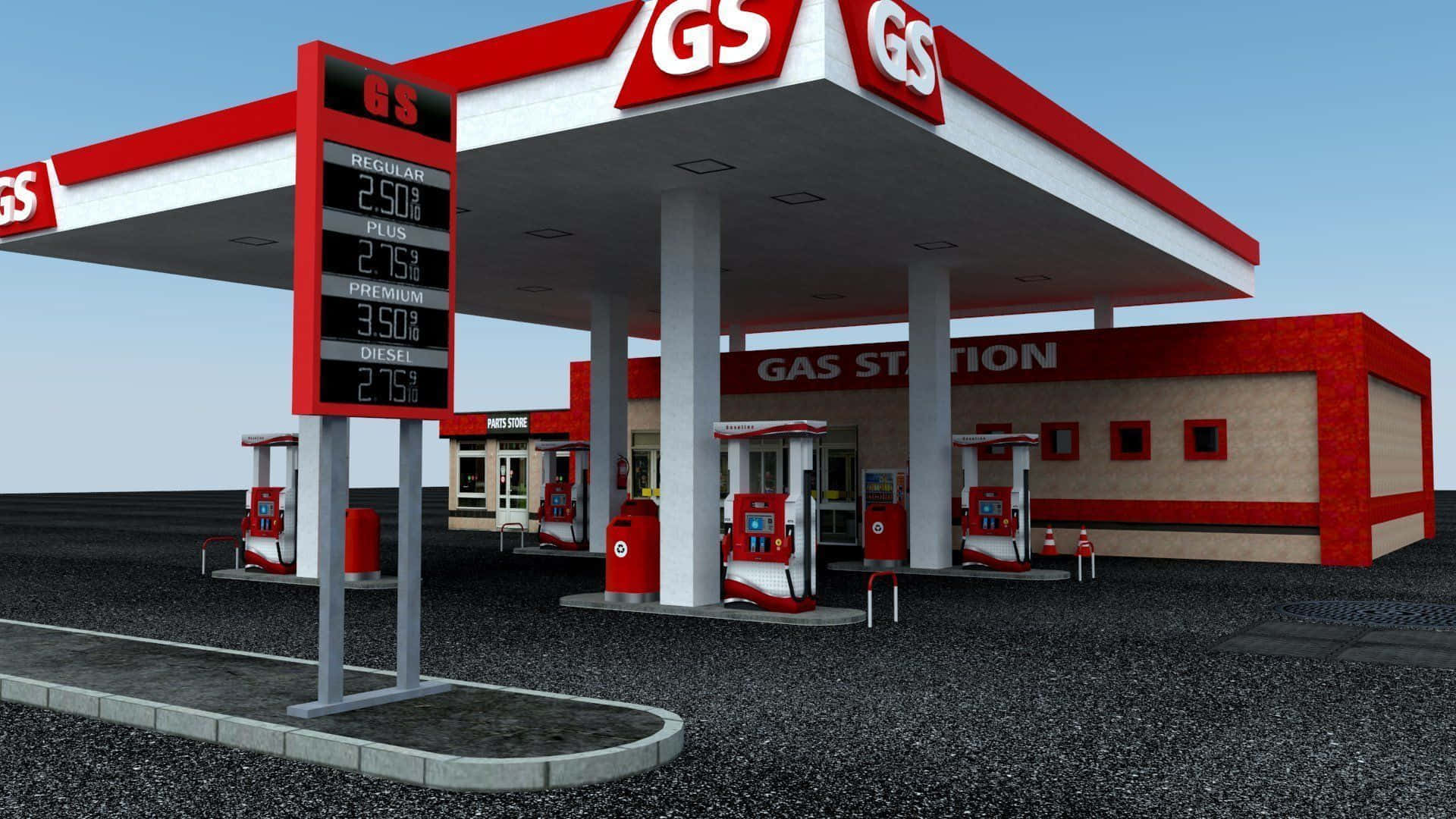 Petrol Station 桌布 壁紙 — 現代紅白色GS加油站，設有燃油泵和價格標牌，背景是晴朗的藍天。