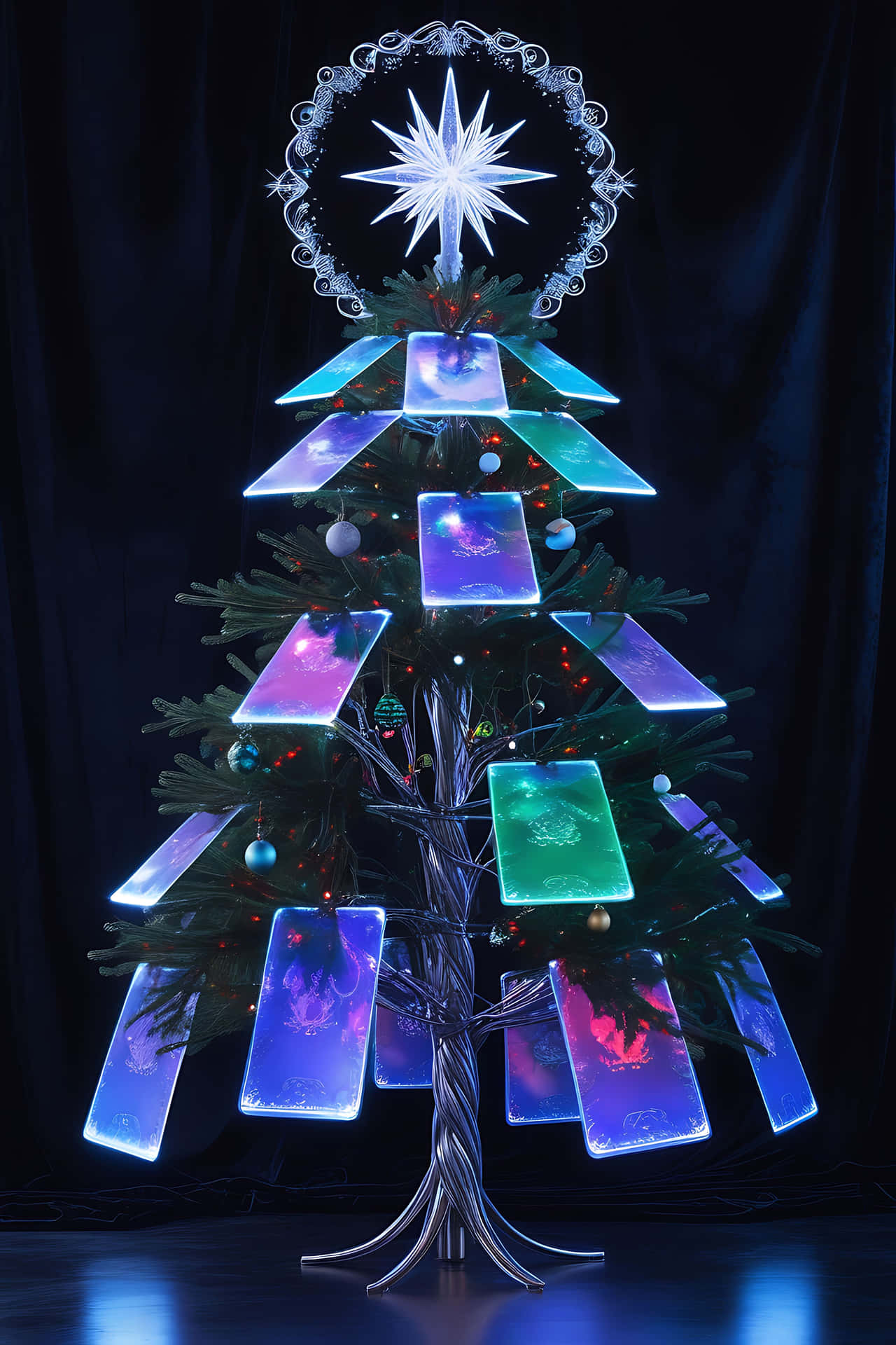 Modern illuminated christmas tree 壁紙 — 現代聖誕樹裝飾著發光的長方形螢幕，顯示宇宙星雲，頂部有閃爍的星爆裝飾。