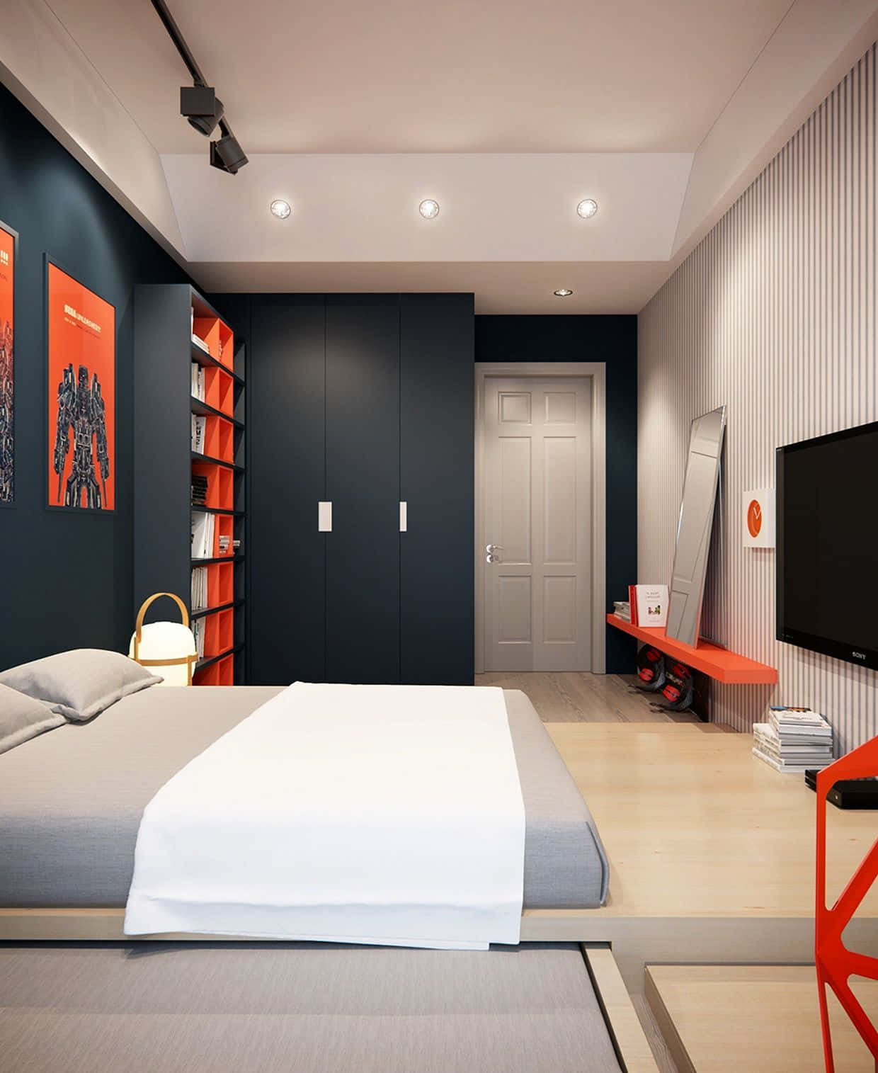 room 桌布 壁紙 — 現代臥室，深藍色牆壁，橙色點綴，簡約家具，明亮天花板燈光。