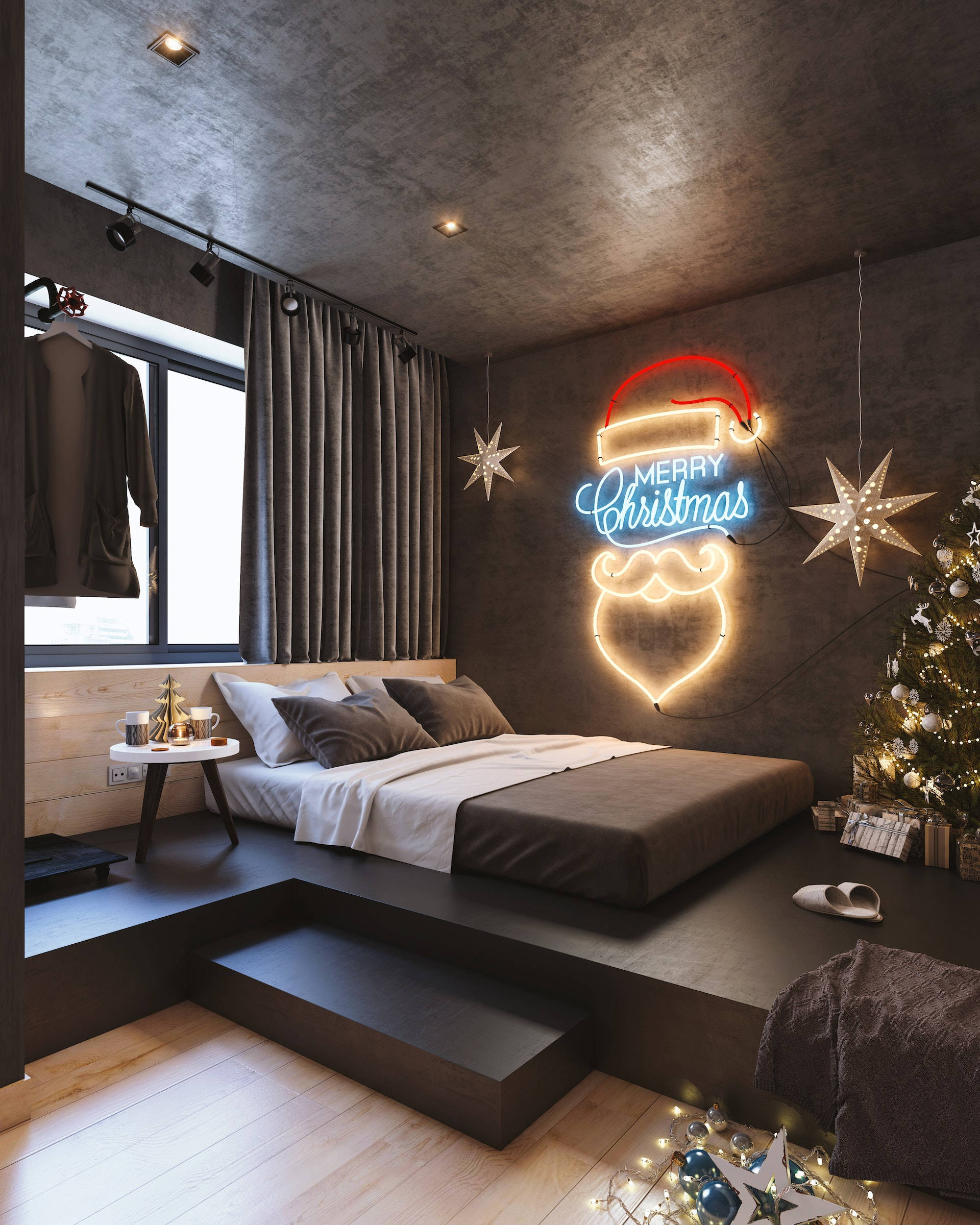 房屋 桌布 壁紙 — 現代臥室，配有升高平台床、發光霓虹燈「Merry Christmas」標誌和裝飾樹，在溫暖的環境照明下。