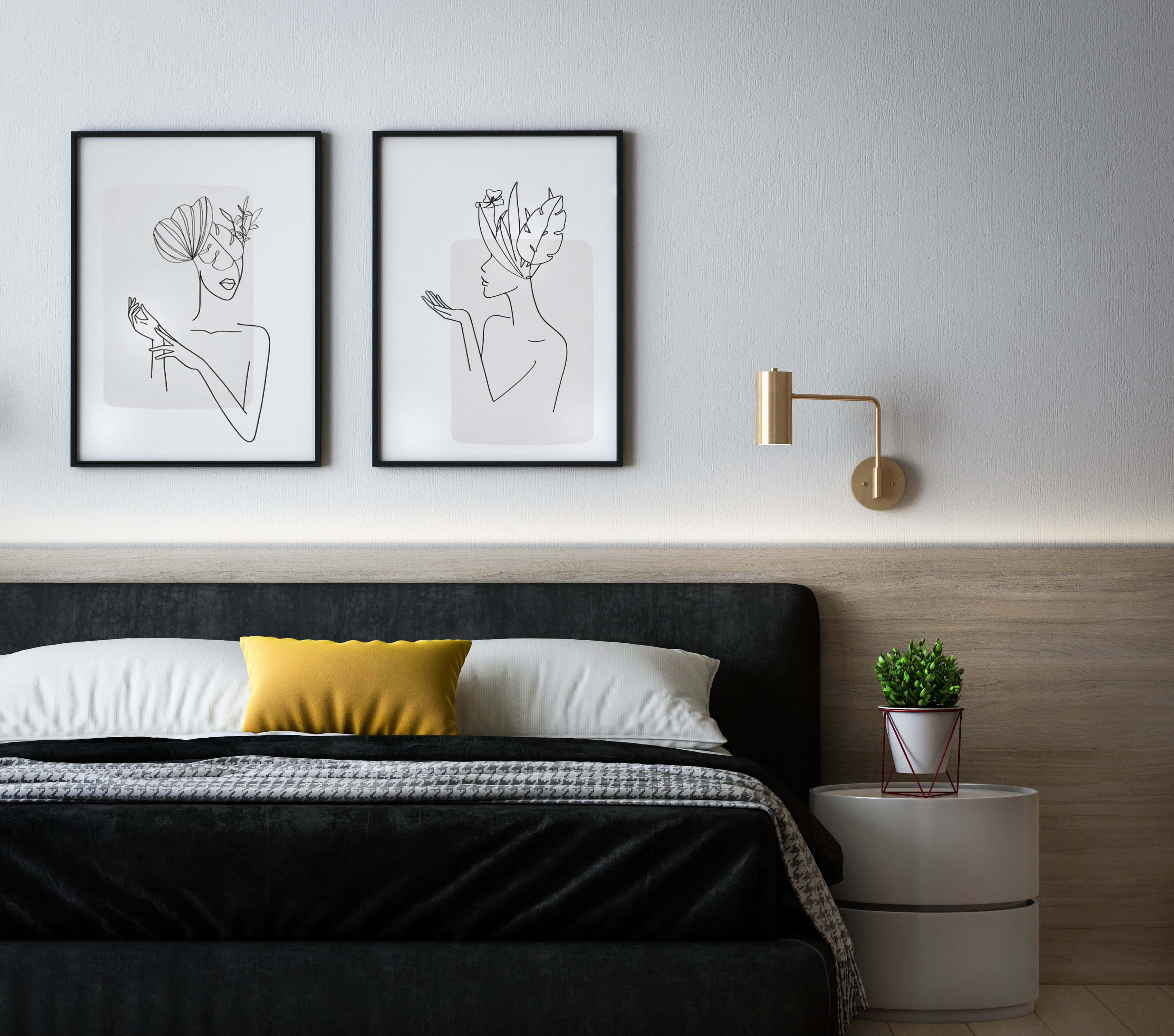 Bedroom 桌布 壁紙 — 現代臥室，配有黑色床、黃色枕頭、極簡線條藝術肖像和金色壁燈。