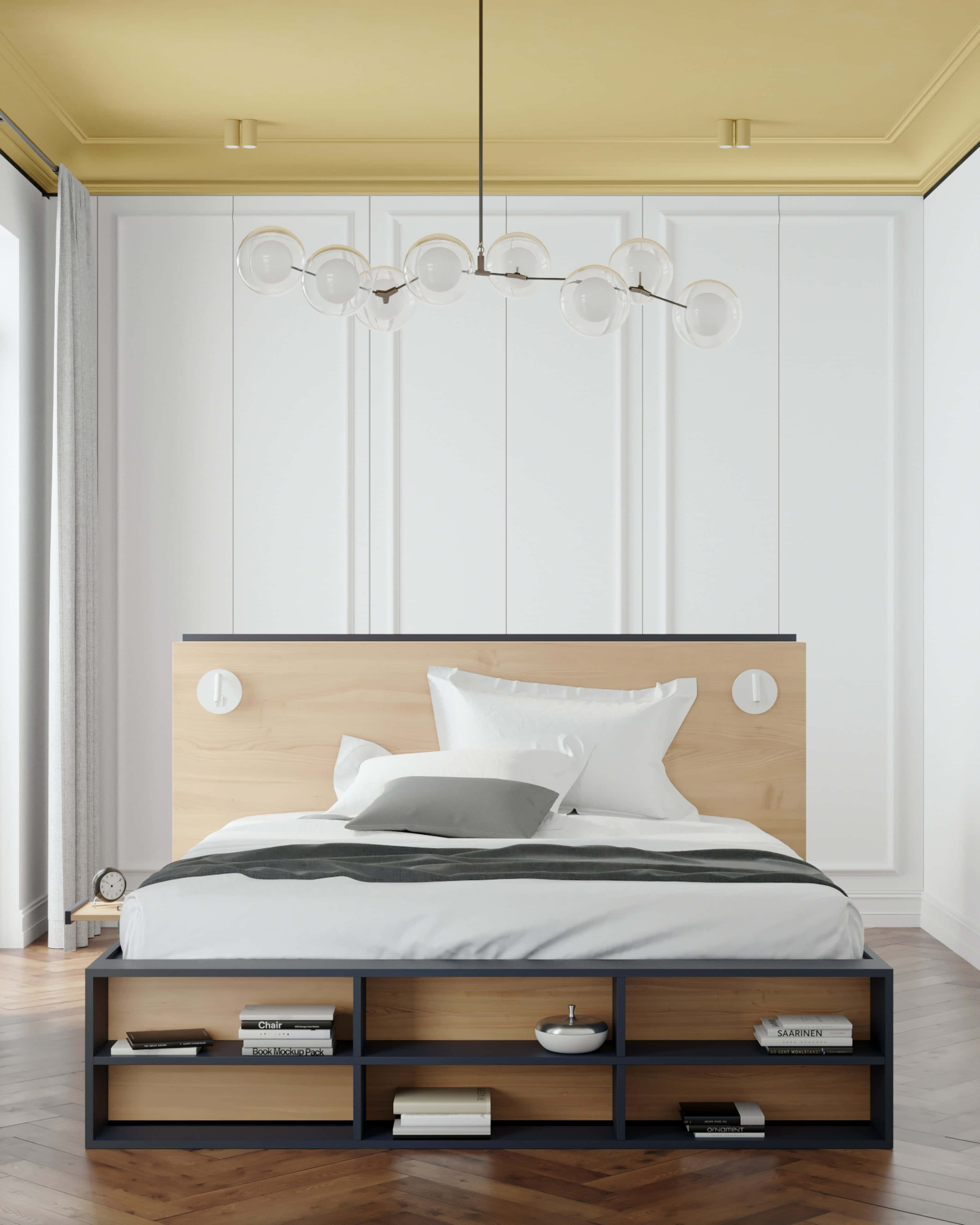Bedroom 桌布 壁紙 — 現代臥室設有低矮的床，配有木製床頭板和床下的儲物架，由玻璃球吊燈照亮，背景是白色鑲板牆和黃色天花板。