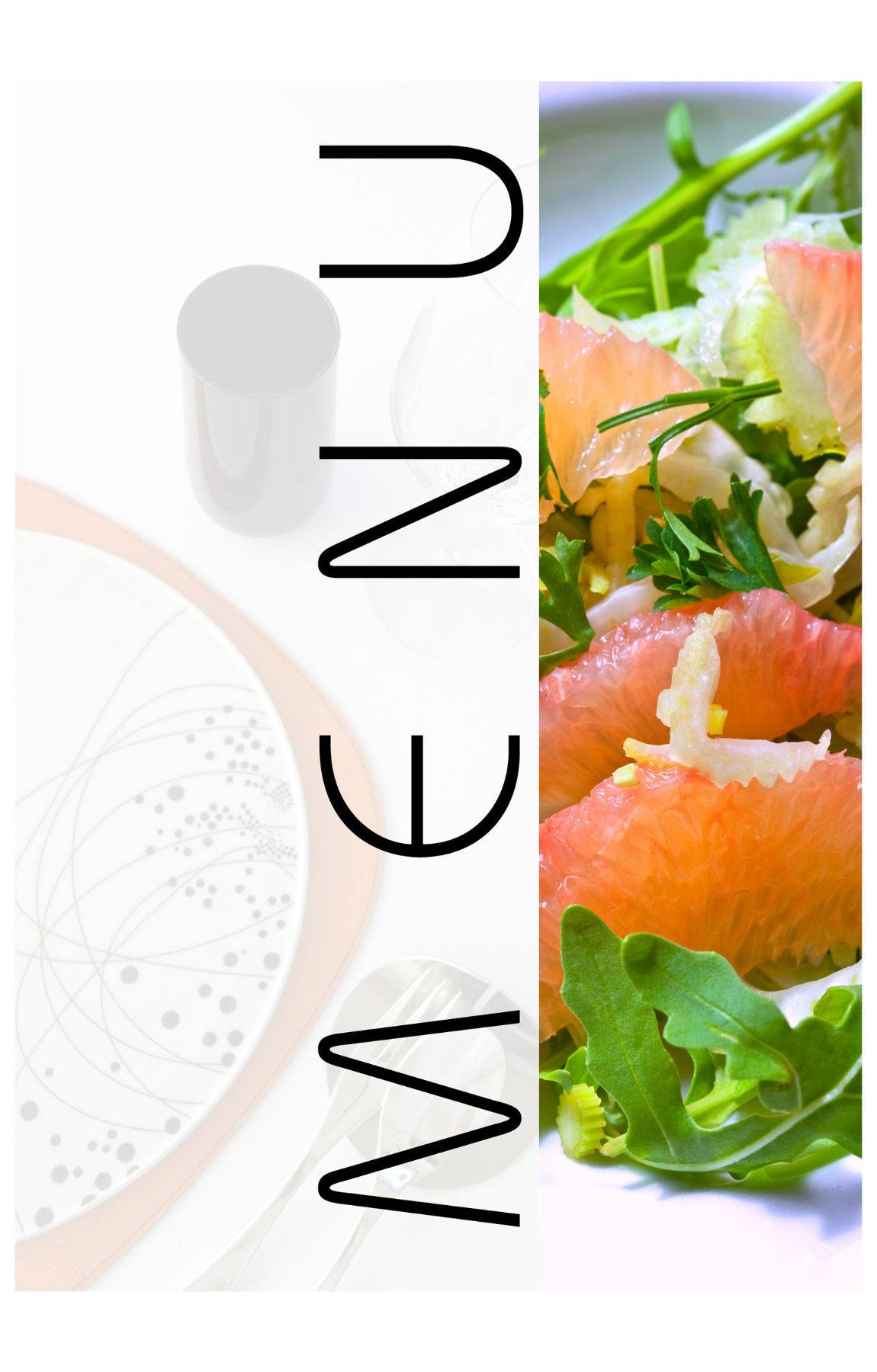 Restaurant 桌布 壁紙 — 現代菜單設計，以充滿活力的柑橘沙拉搭配芝麻菜和茴香，旁邊是簡約餐具。