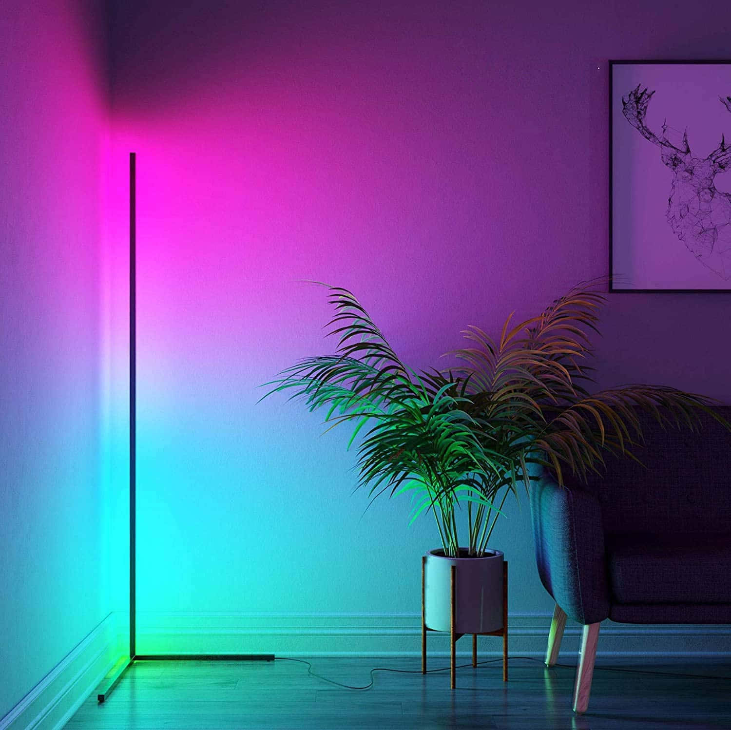 lighting 桌布 壁紙 — 現代落地燈將粉紅色到青色的鮮豔漸變光投射到一個簡約的房間，房間裡有盆栽植物和扶手椅。