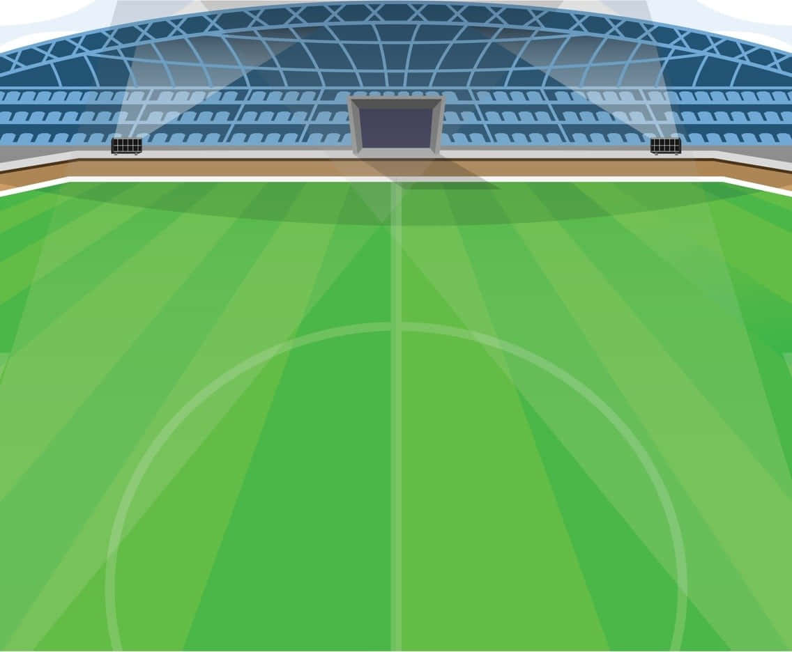Stadium 桌布 壁紙 — 現代藍色屋頂下充滿活力的綠色足球場，空蕩蕩的看台和球門柱。