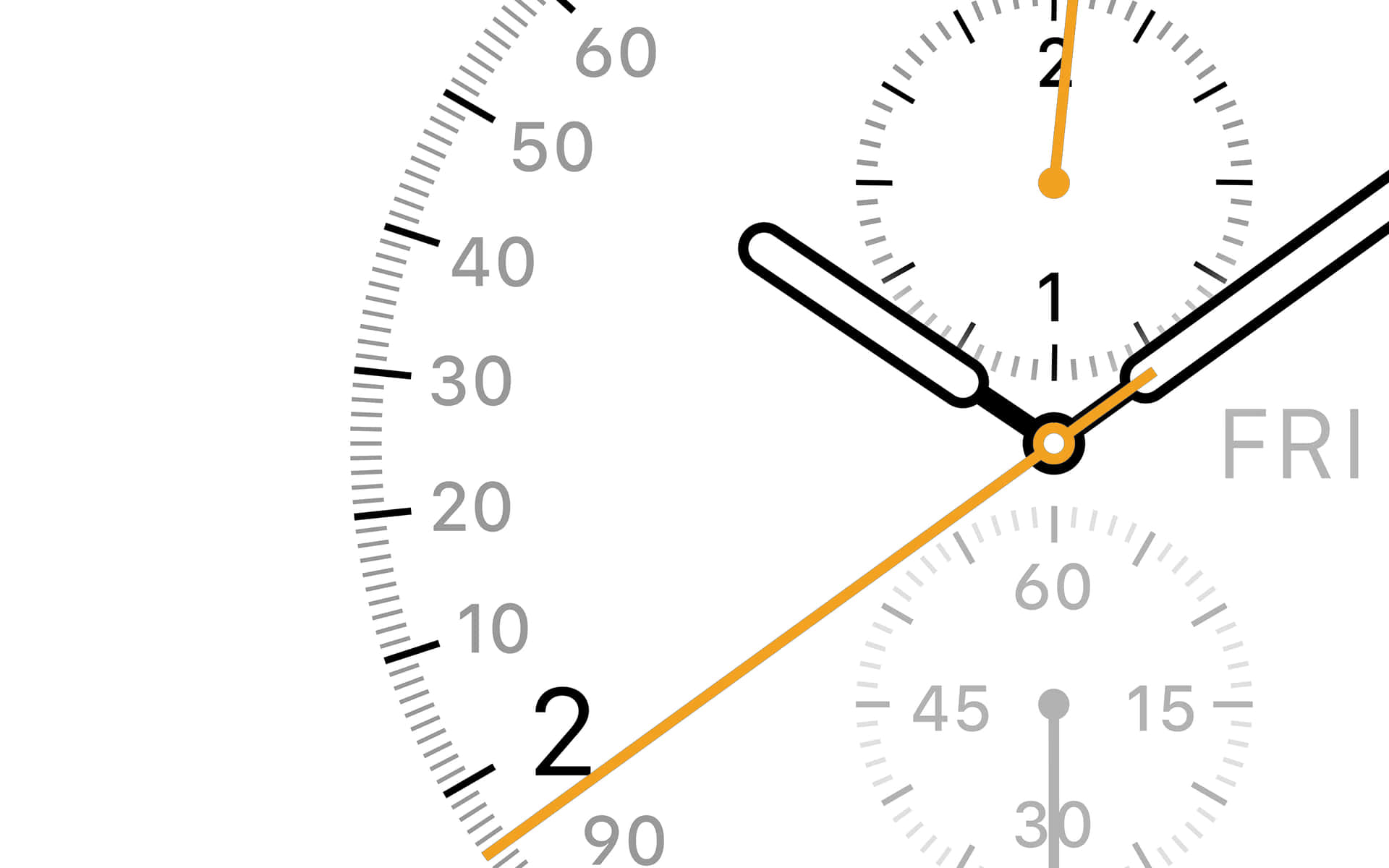 Apple Watch 動態 桌布 壁紙 — 現代計時碼錶錶盤的特寫，帶有粗體黑色指針和橙色點綴，背景為純白色。
