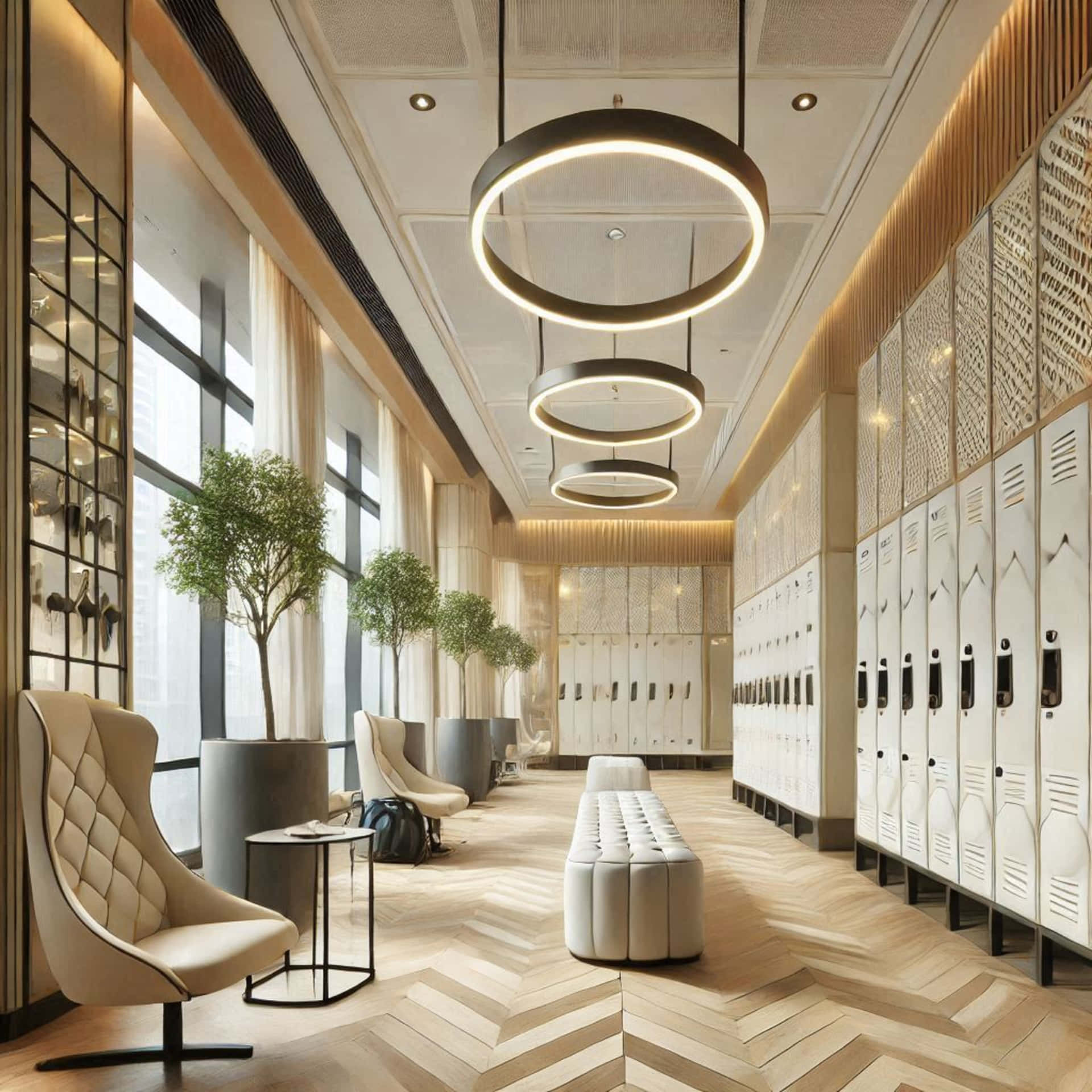 Gym locker room 壁紙 — 現代豪華儲物室走廊，配有圓形吊燈、木地板和白色儲物櫃。