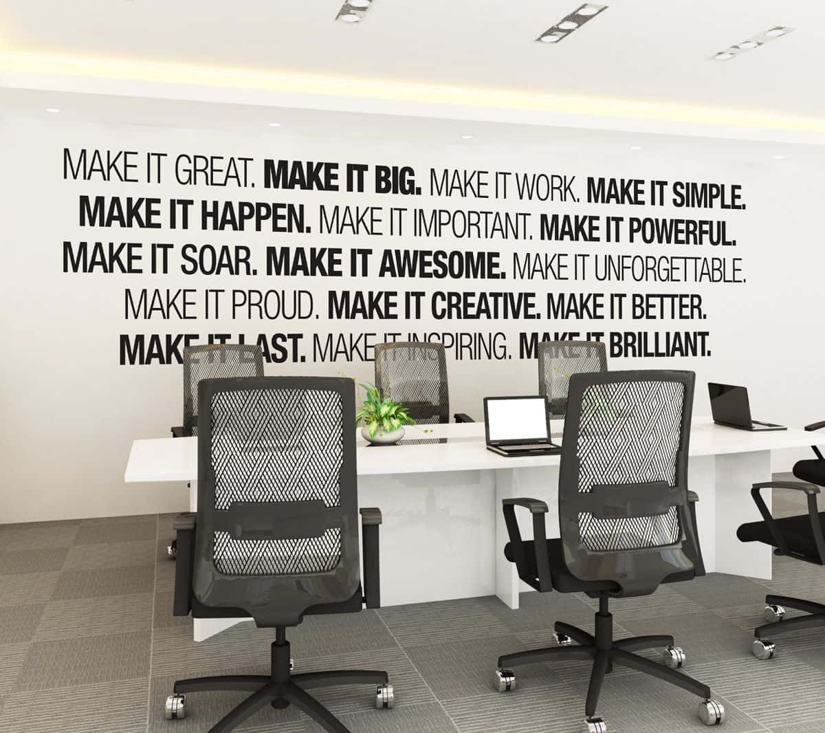 Motivational Quotes 桌布 壁紙 — 現代辦公室，在明亮的頂燈下，時尚辦公桌和人體工學椅上方有激勵性牆面文字。