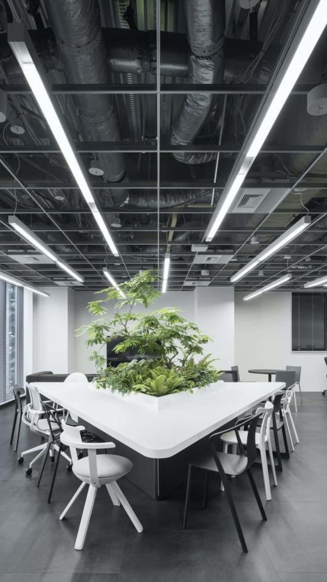 Office Space 桌布 壁紙 — 現代辦公室，帶有裸露的天花板管道，中央白色桌子周圍環繞著椅子和茂盛的綠色植物。