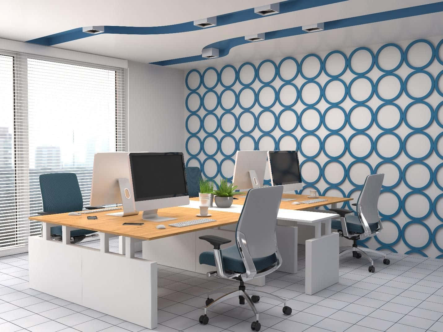 Chairs 桌布 壁紙 — 現代辦公室，藍色圓形牆面圖案，人體工學椅，明亮天花燈光。