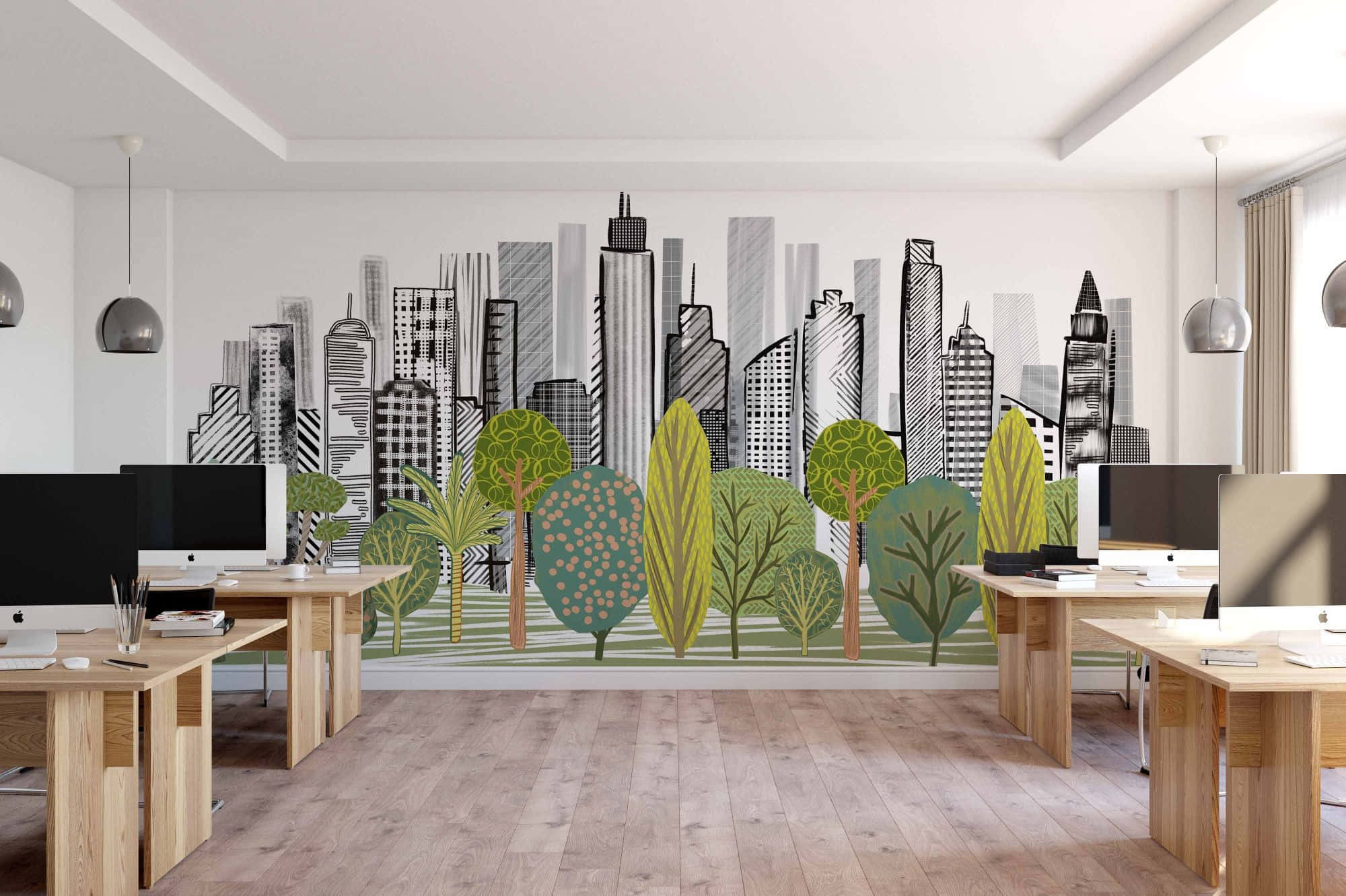 Office Decoration 桌布 壁紙 — 現代辦公室，配有木製辦公桌和一幅風格化的城市景觀壁畫，白色牆壁上繪有黑色摩天大樓和色彩繽紛的樹木。