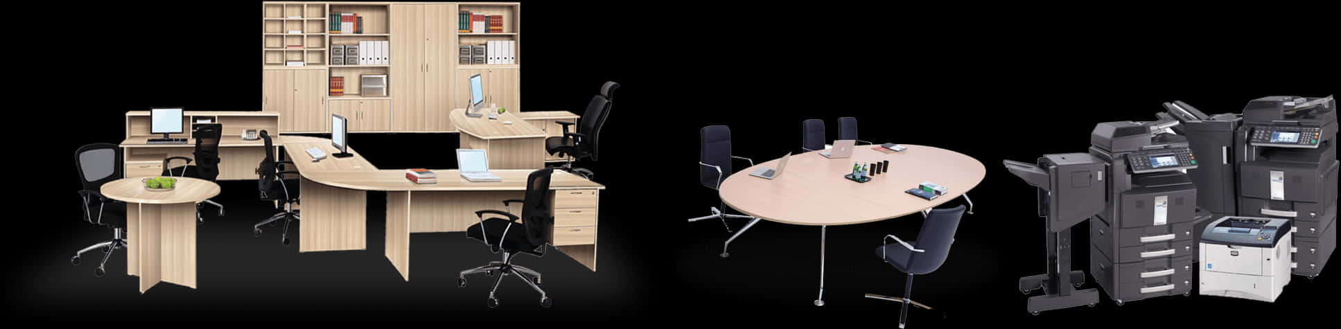 Furniture 桌布 壁紙 — 現代辦公室家具和設備，包括桌子、椅子和印表機，顯示在黑色背景上。