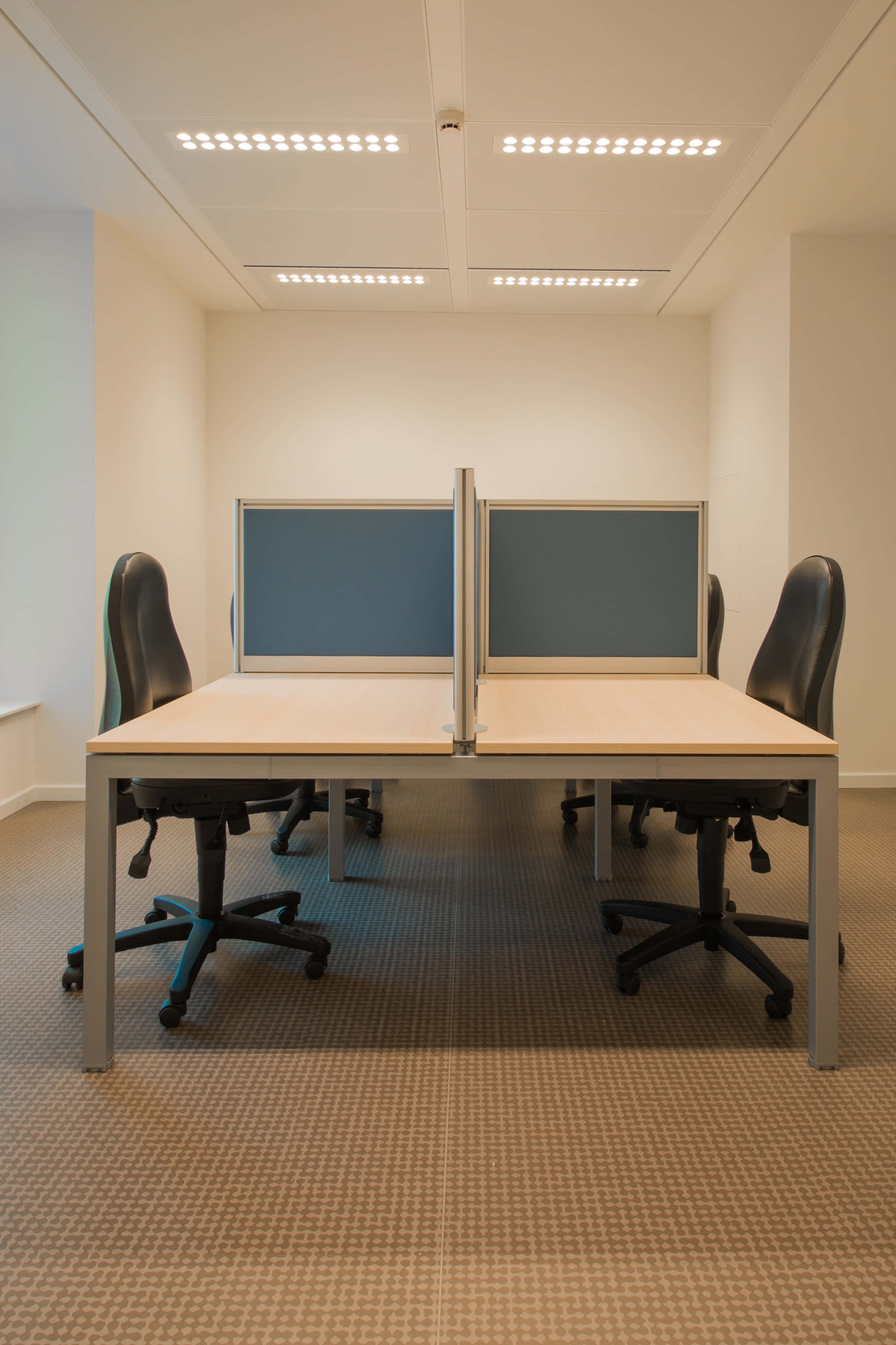 4K Office 桌布 壁紙 — 現代辦公室工作空間，兩張辦公桌在明亮的頂燈下相對擺放。