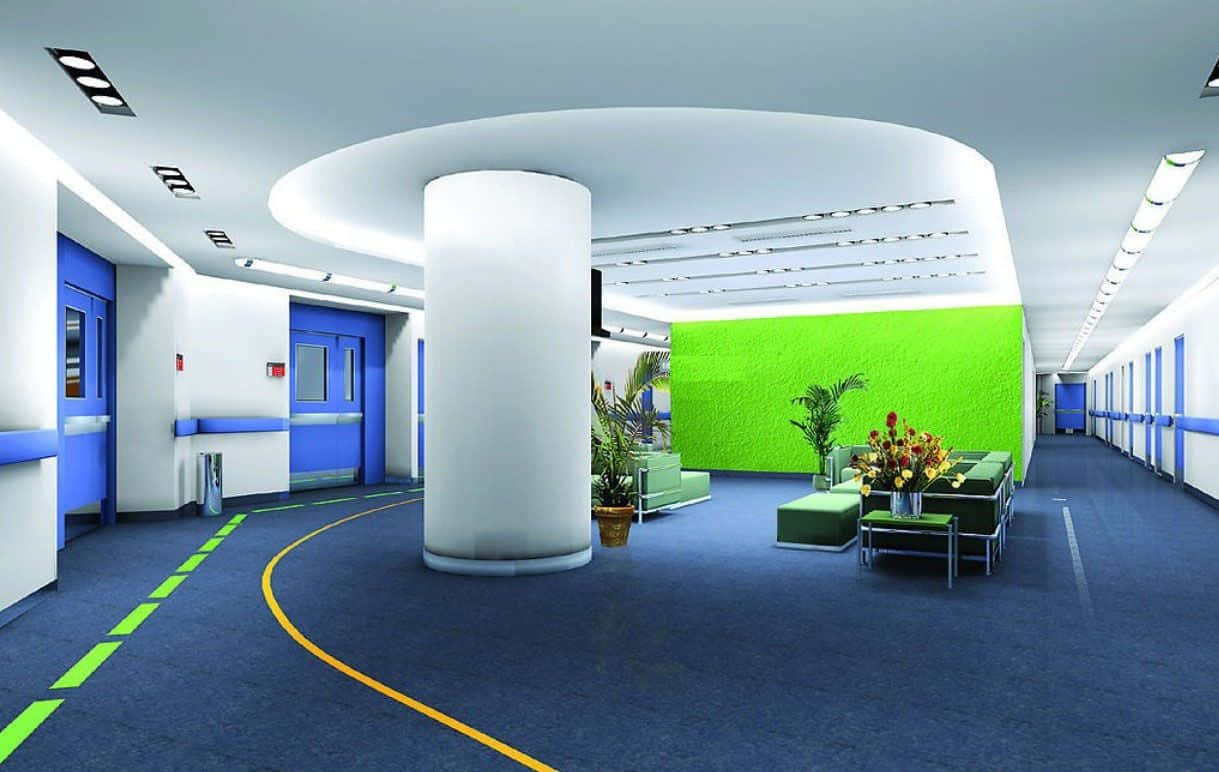 Office Building 桌布 壁紙 — 現代醫院大廳，配有藍色地毯、黃色和綠色引導線、白色柱子和充滿活力的綠色特色牆，附設座位區。
