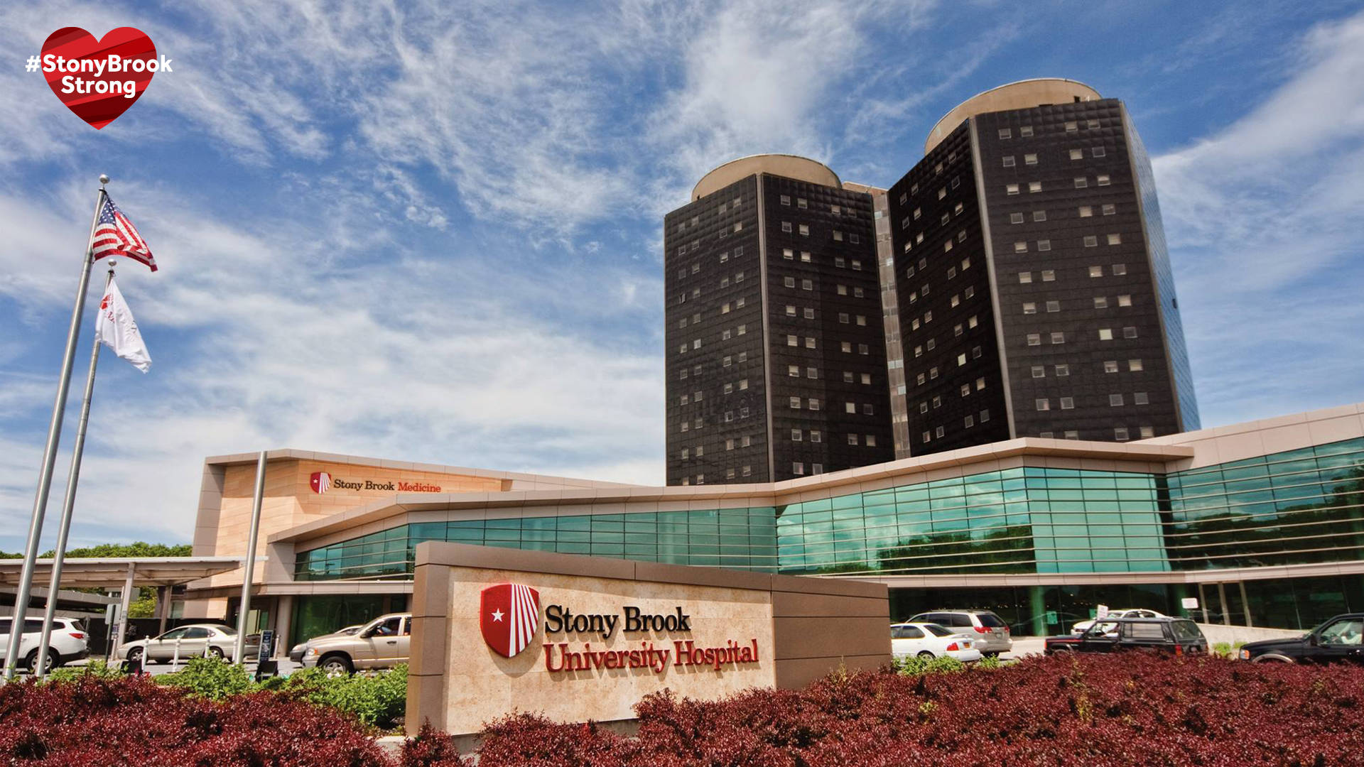 學校 桌布 壁紙 — 現代醫院綜合體，玻璃外牆和雙子塔，明亮藍天，白雲點綴。