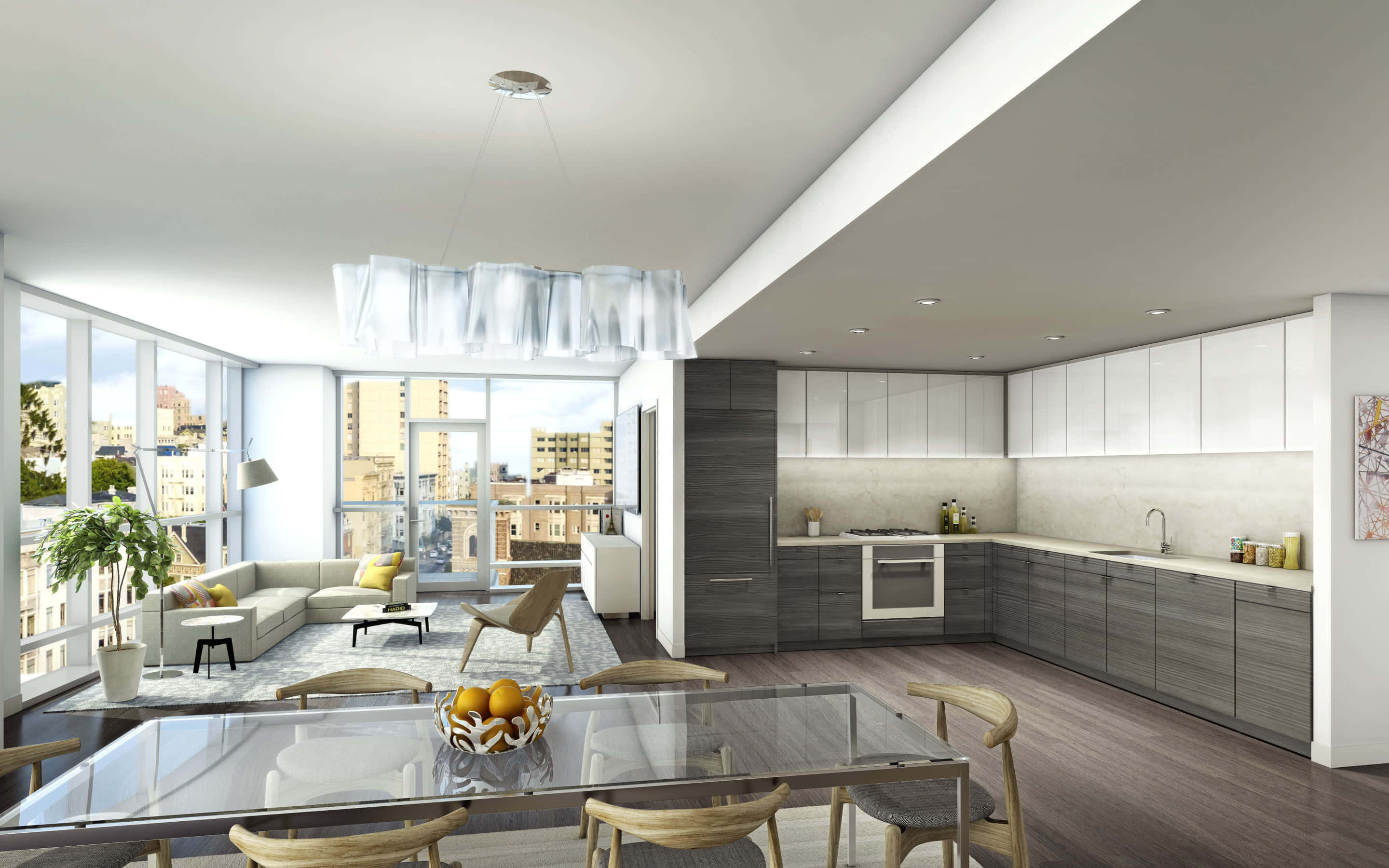 Dining Room 桌布 壁紙 — 現代開放式公寓，配有時尚廚房和起居區，落地窗引入充足自然光。