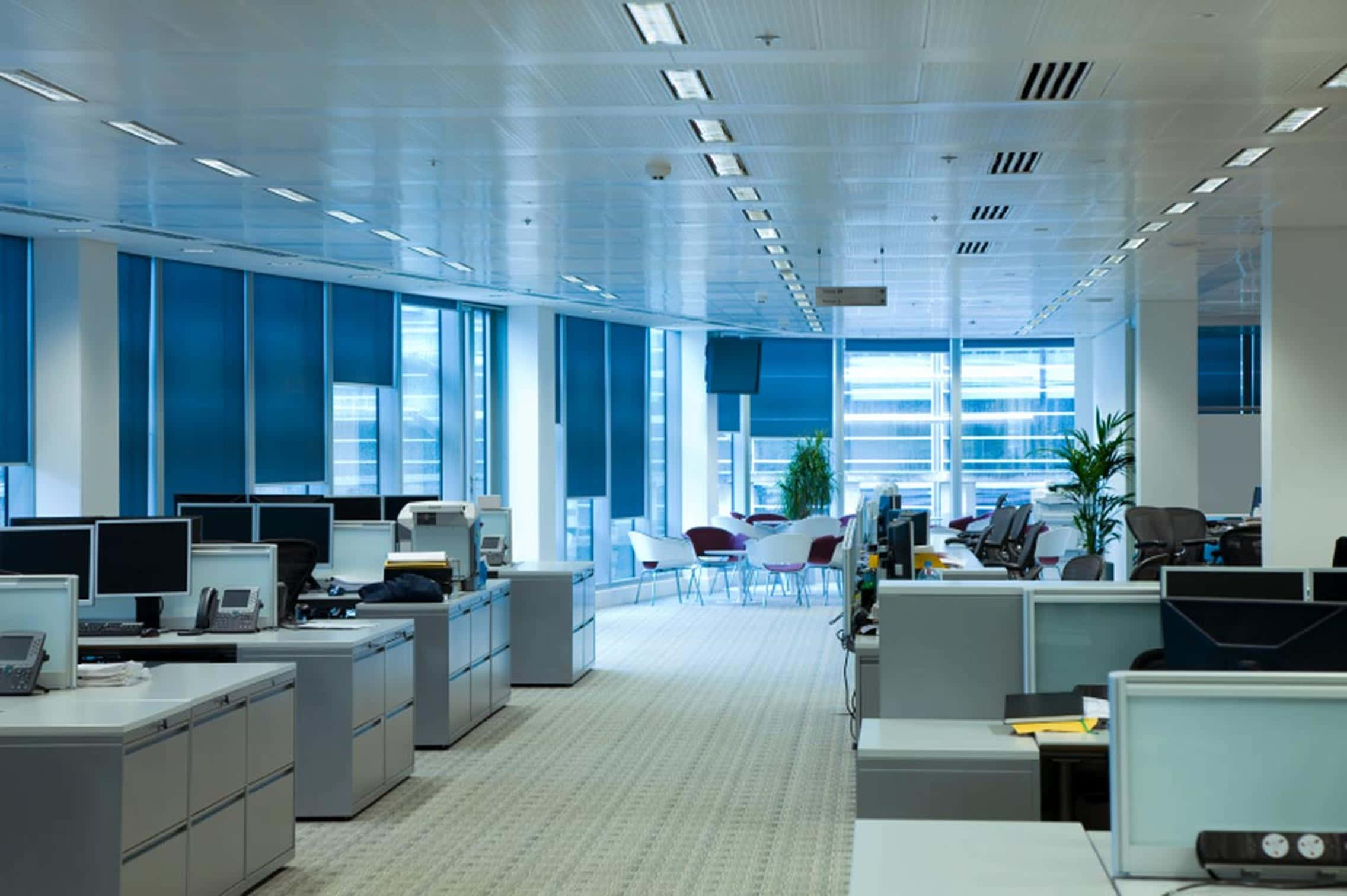 Office Building 桌布 壁紙 — 現代開放式辦公室，設有灰色隔間、藍色百葉窗和明亮的頂燈。