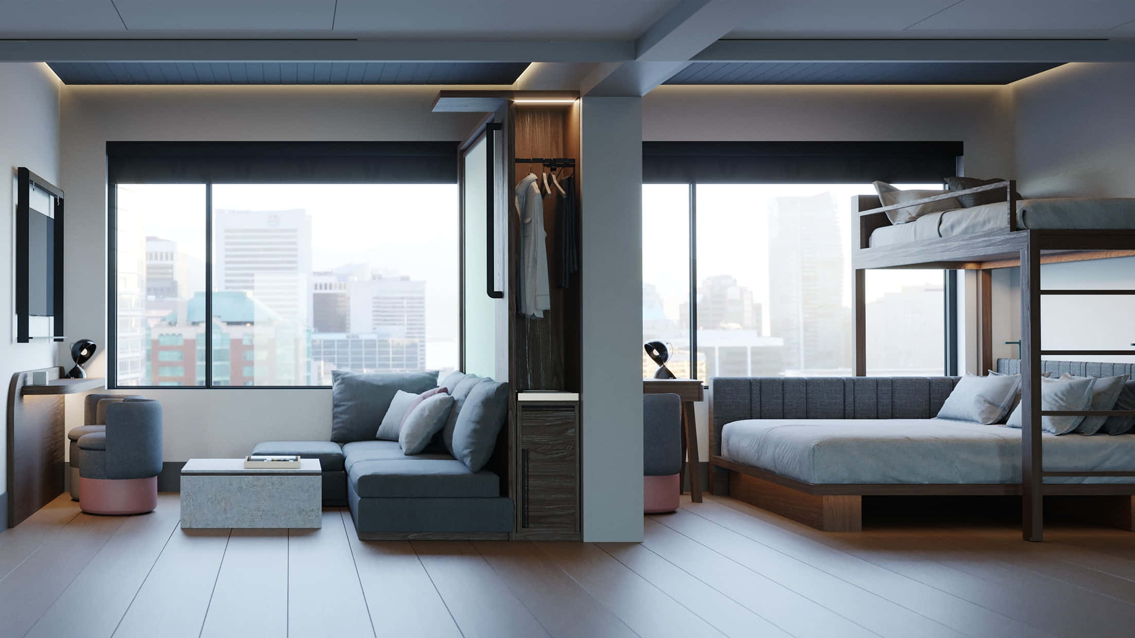 Hotel Room 桌布 壁紙 — 現代閣樓公寓，配有灰色家具，透過大窗戶可欣賞城市天際線景觀。