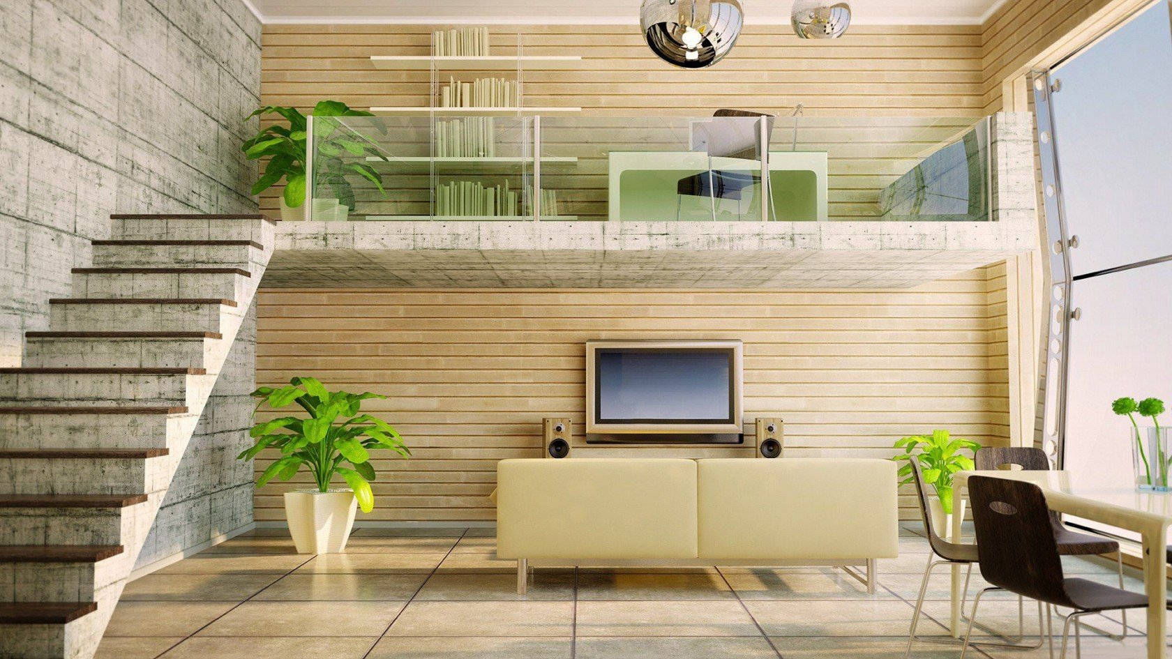 Interior Design 桌布 壁紙 — 現代閣樓室內設計，設有混凝土樓梯、木牆和陽台，可俯瞰設有沙發、電視和餐桌的起居區。