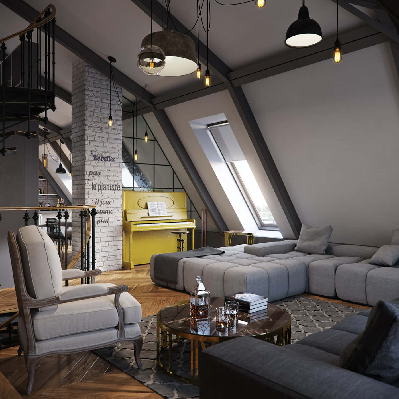 Apartment 桌布 壁紙 — 現代閣樓空間，配有灰色組合沙發、黃色鋼琴、裸露橫樑和溫暖吊燈。
