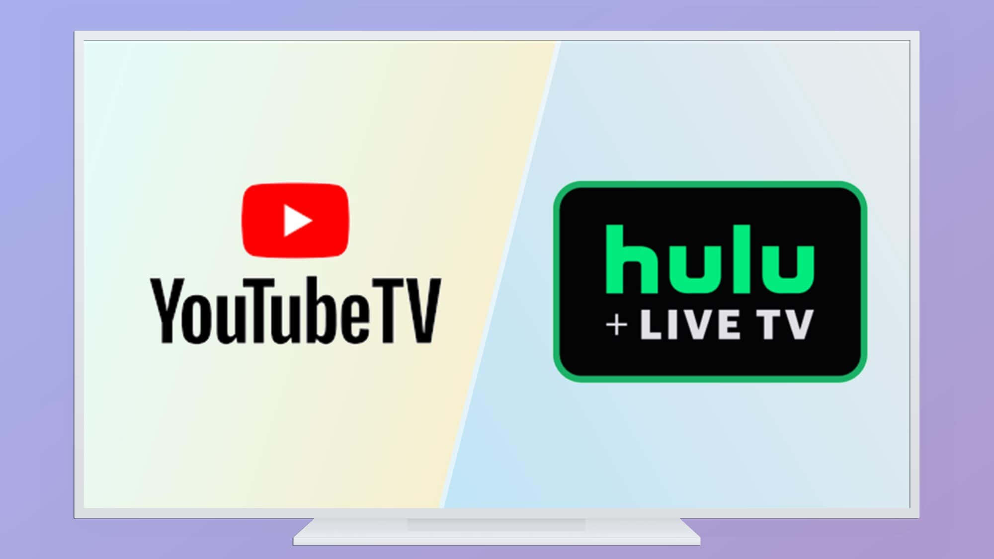 Hulu 桌布 壁紙 — 現代電視螢幕在柔和漸變背景上並排顯示 YouTube TV 和 Hulu Live TV 標誌。