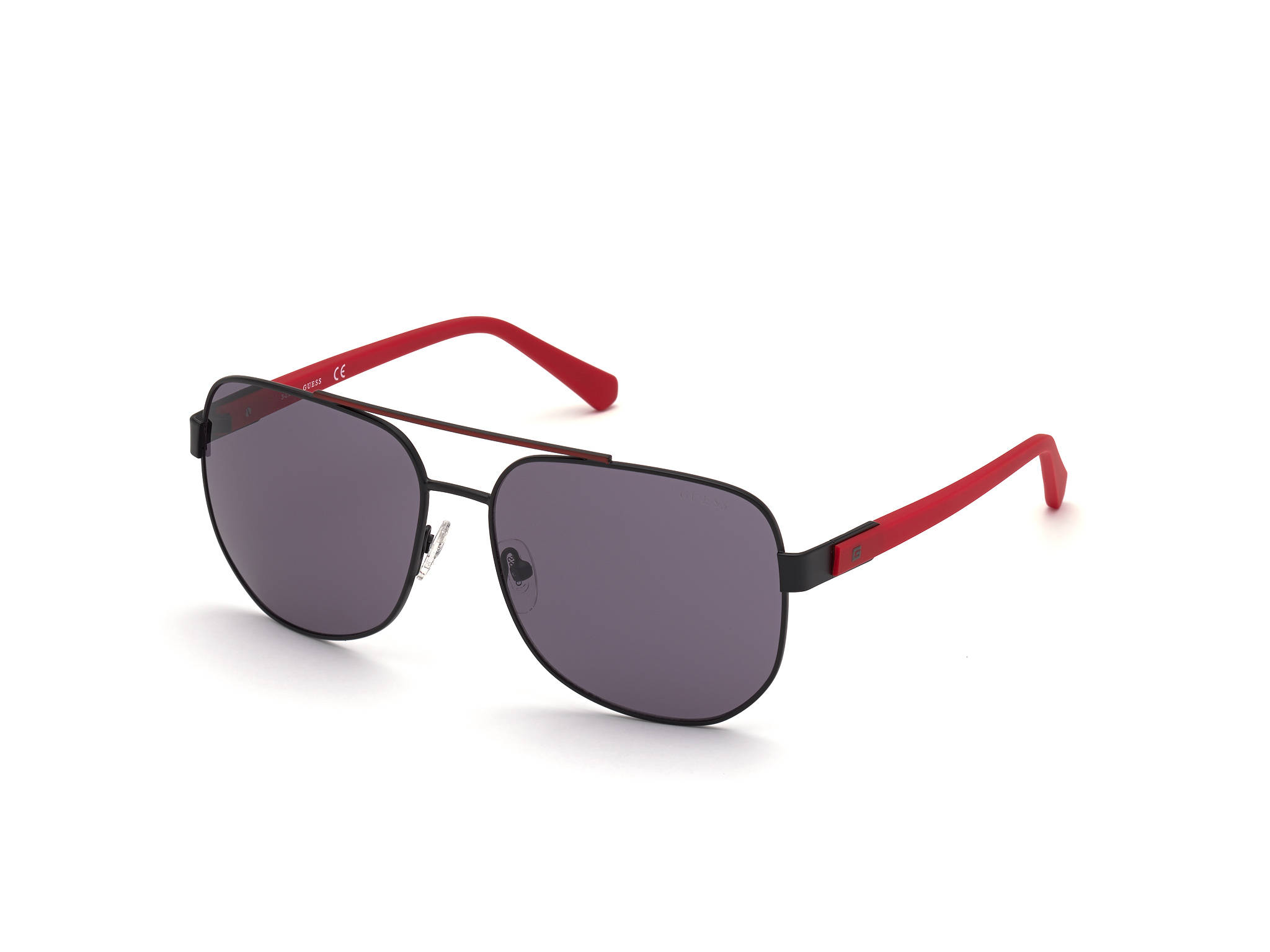 Sunglasses 桌布 壁紙 — 現代飛行員太陽眼鏡，黑色鏡框搭配大膽紅色鏡臂，置於潔白表面上。