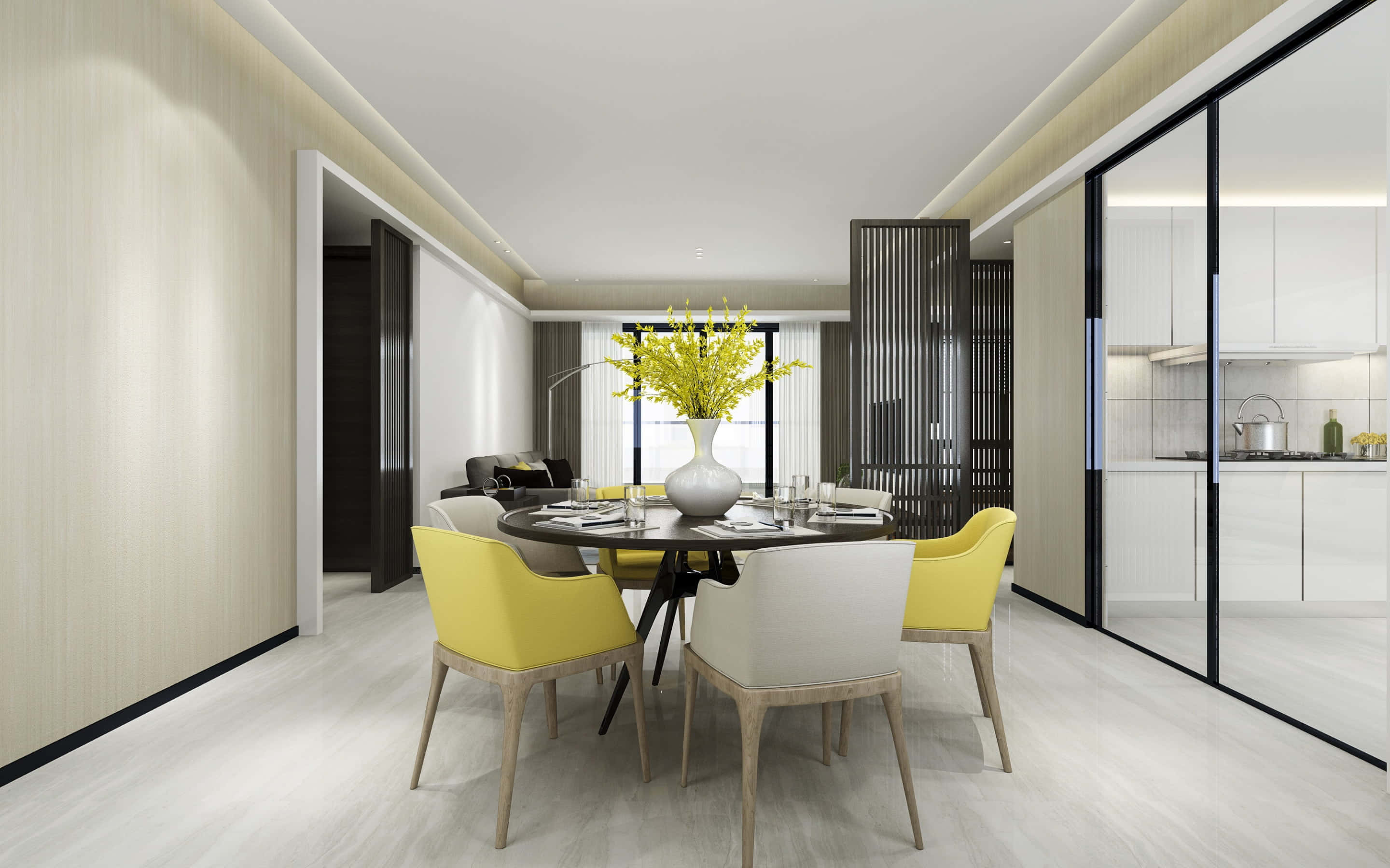 Dining Room 桌布 壁紙 — 現代飯廳，黃色椅子圍繞深色桌子，在溫暖的吊燈下，靠近玻璃廚房。
