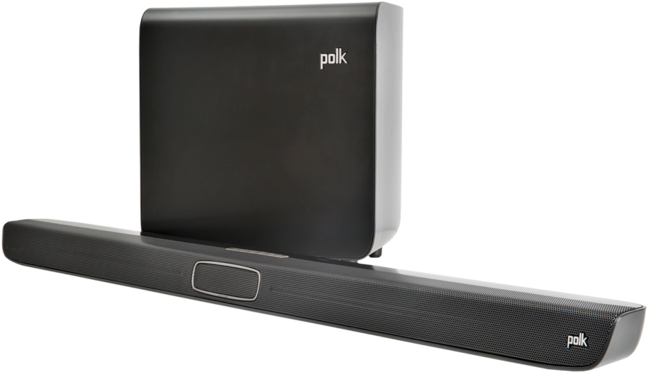 黑色 桌布 壁紙 — 現代黑色Polk soundbar和subwoofer，以簡潔極簡線條襯托在純白背景上。