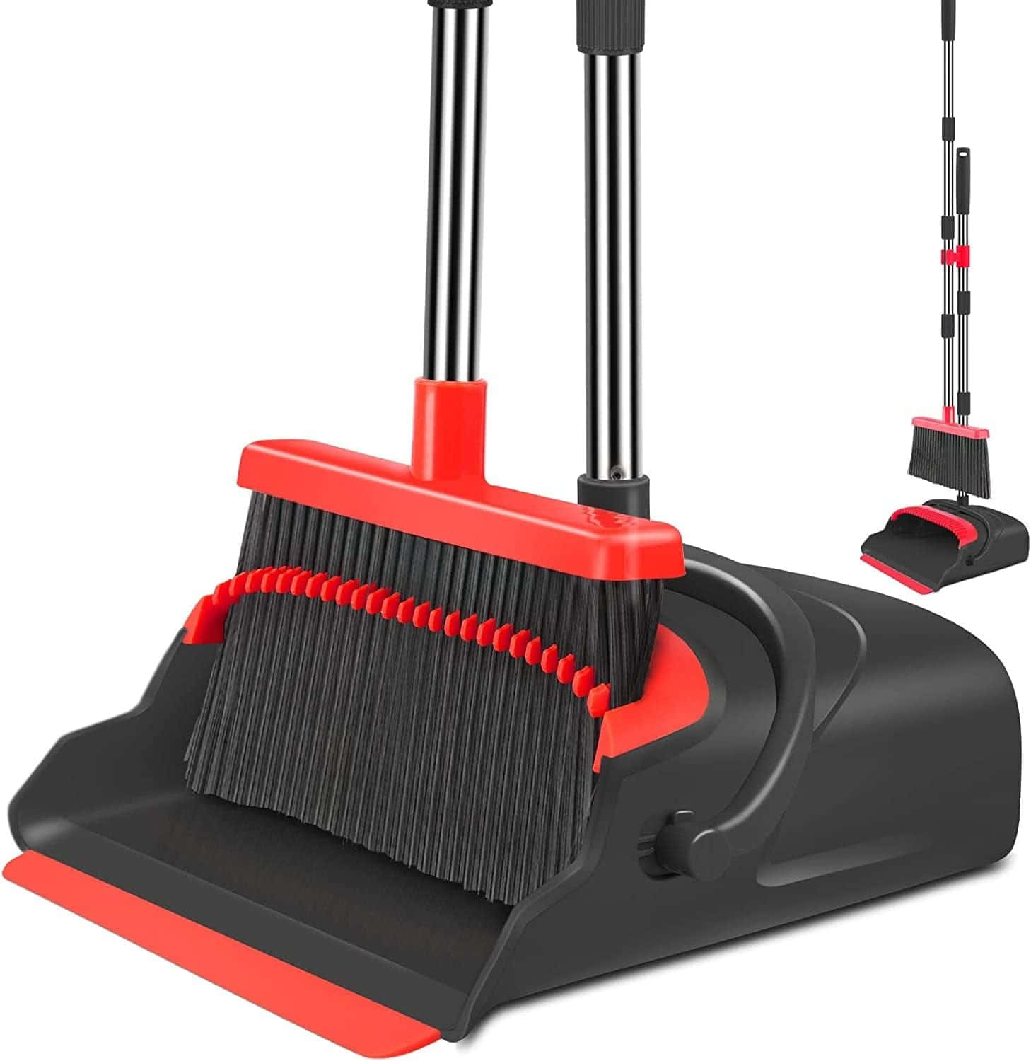 Broom 桌布 壁紙 — 現代黑色和紅色的畚箕和刷子套裝，帶有可伸縮手柄，在工作室燈光下展示。