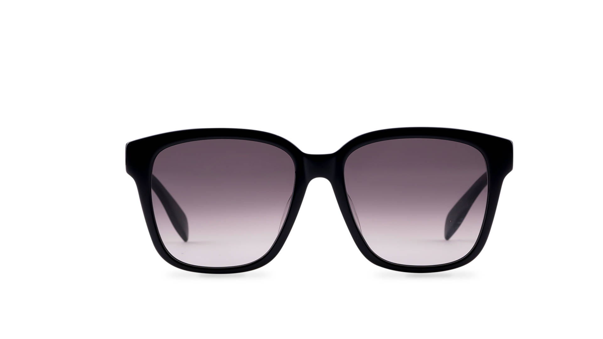 Sunglasses 桌布 壁紙 — 現代黑色框太陽眼鏡，配紫色漸變鏡片，置於純白背景中央。