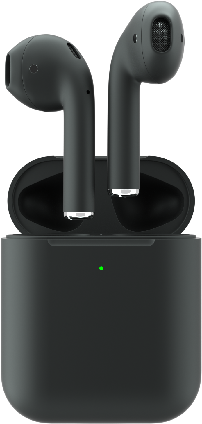 AirPods 桌布 壁紙 — 現代黑色無線耳機設計時尚，直立於打開的充電盒中，綠色電源指示燈亮起。