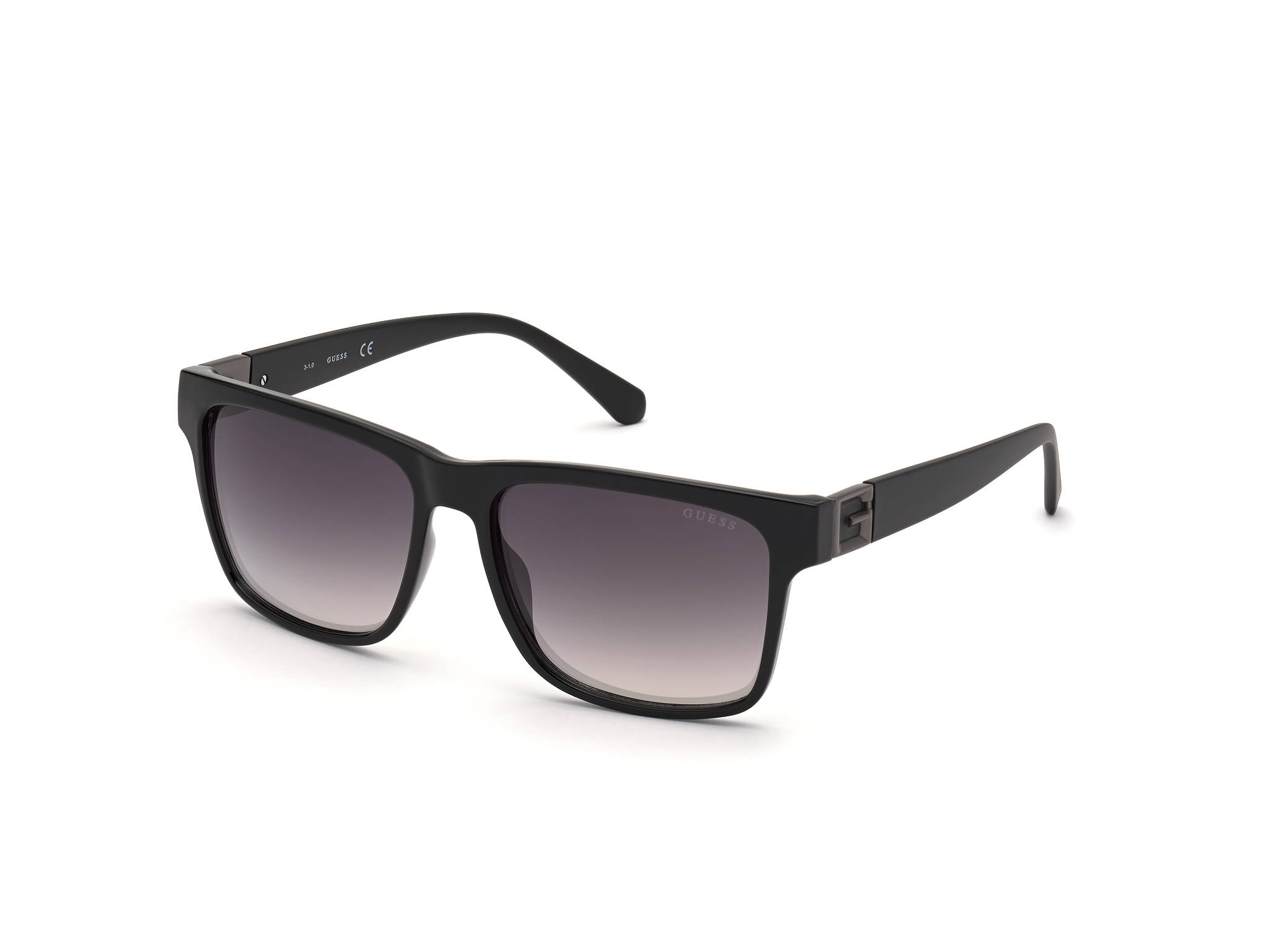 Sunglasses 桌布 壁紙 — 現代黑色鏡框太陽眼鏡，搭配漸層鏡片，展示在潔白背景上。