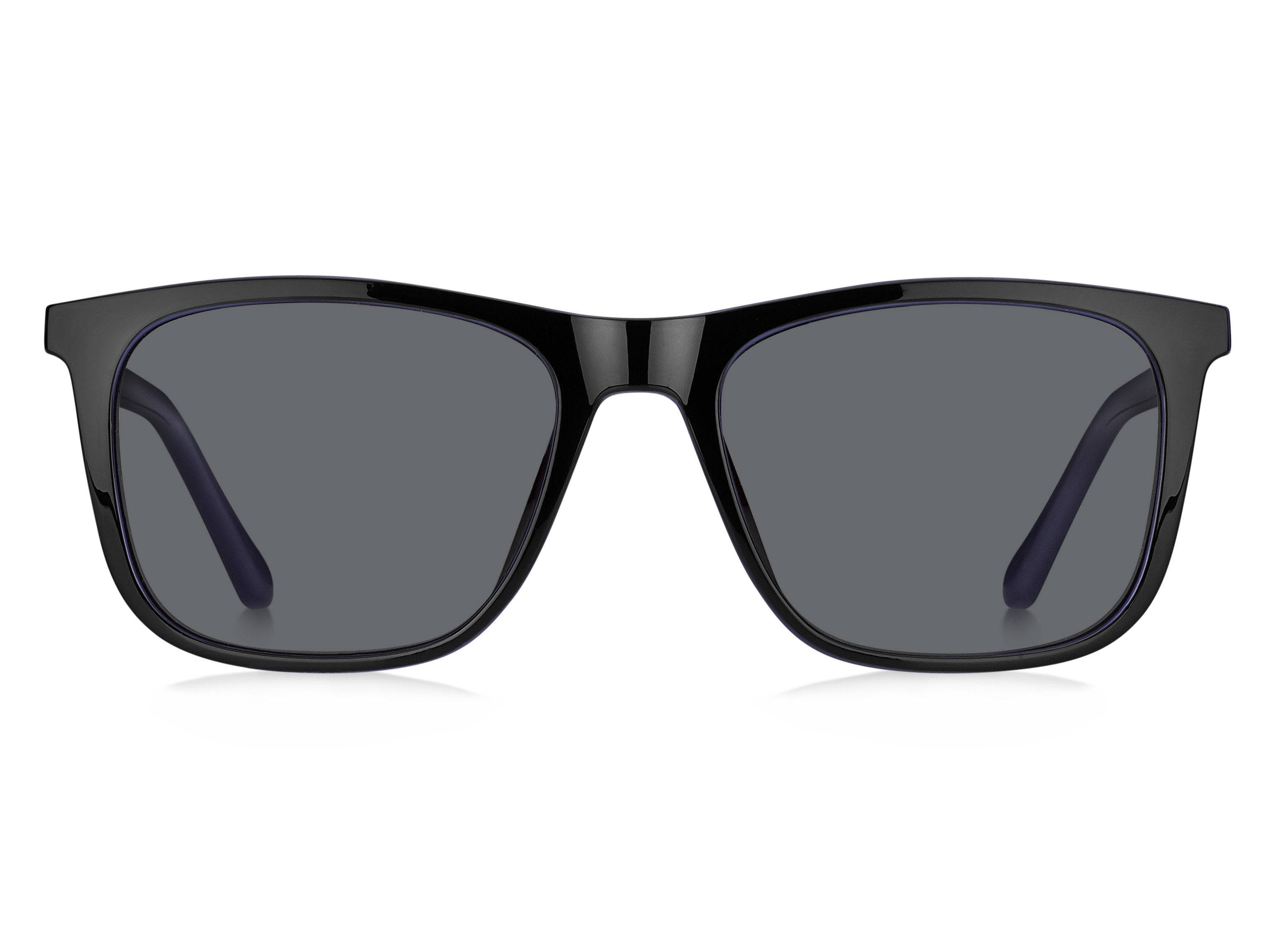 Sunglasses 桌布 壁紙 — 現代黑色長方形太陽眼鏡，深灰色鏡片，紫色鏡腿點綴，純白背景。
