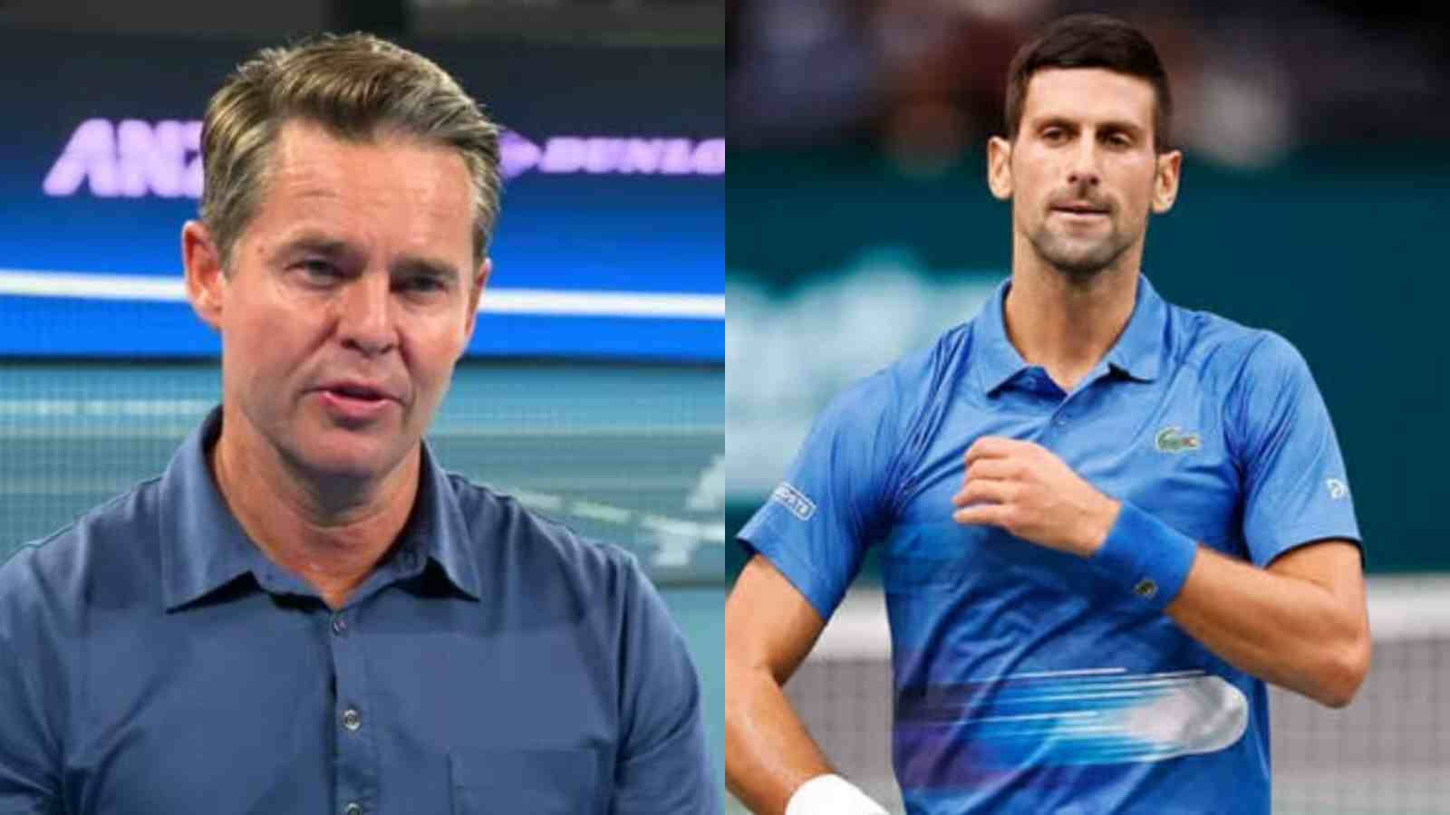 Tennis 桌布 壁紙 — 球場上網球教練與球員的分割圖像，帶有藍色品牌和網狀背景。