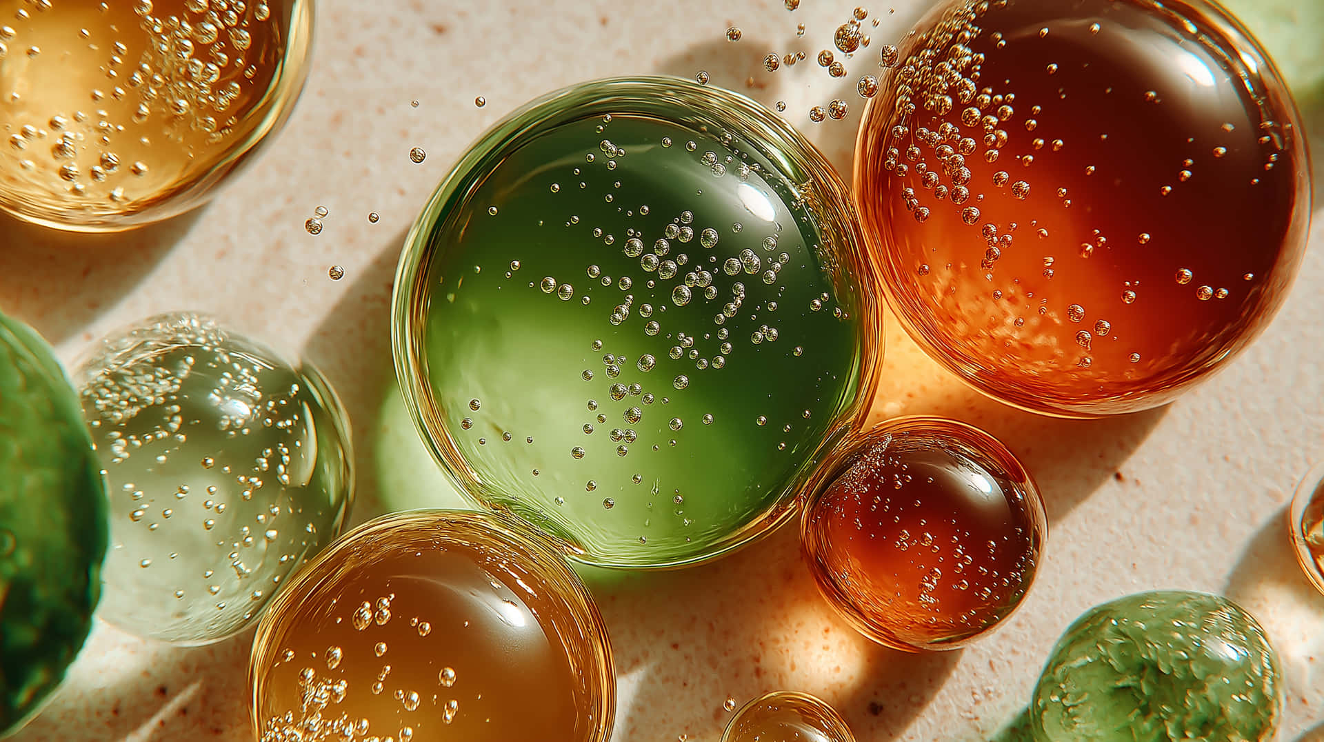 Colorful Oil Droplets 壁紙 — 琥珀綠色和金色的光澤球體漂浮在帶有斑點的米色表面上，捕捉柔和光線。