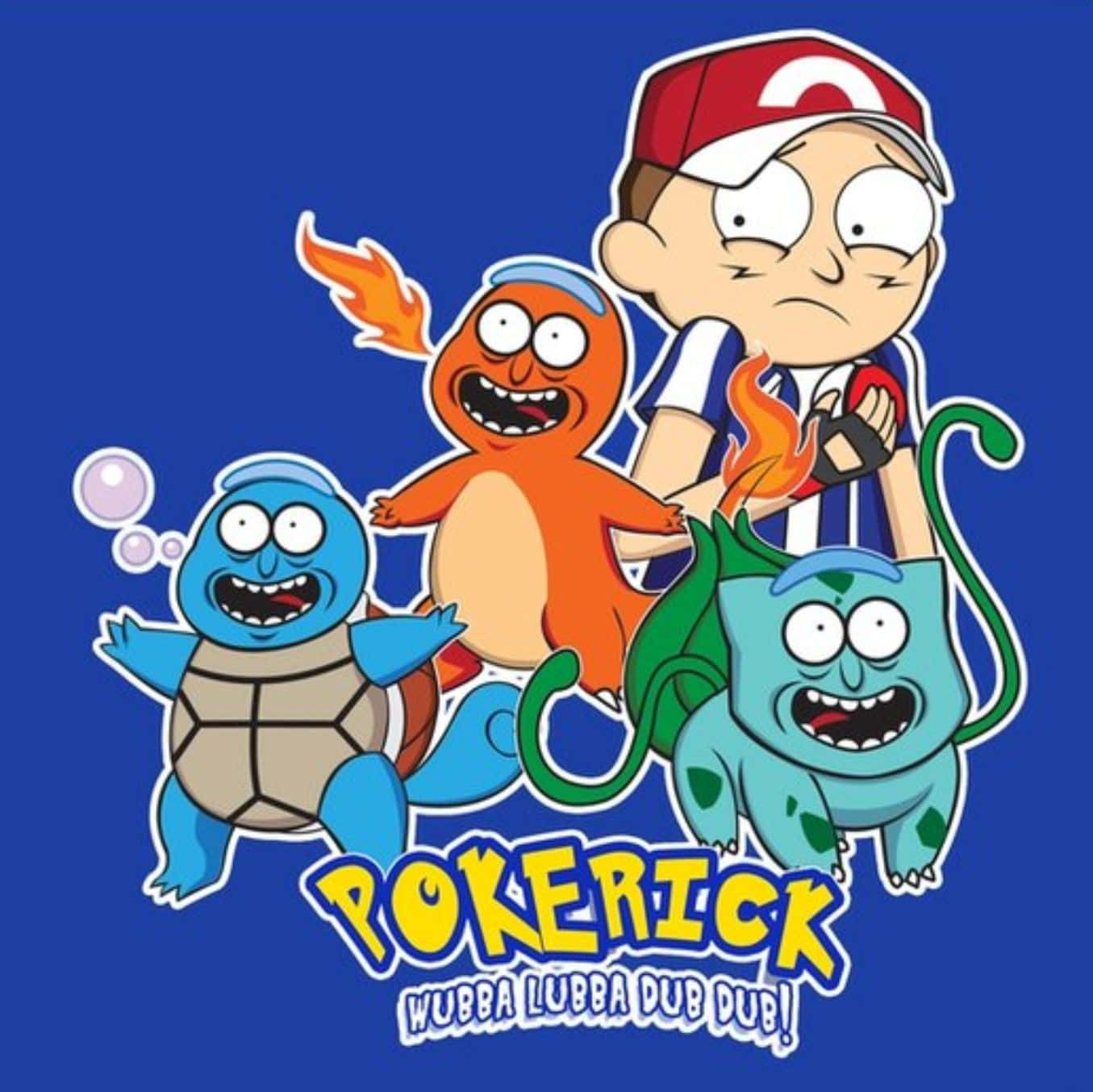 Wubba Lubba Dub Dub 桌布 壁紙 — 瑞克·桑切斯和他的寶可夢團隊在純藍色背景前擺出誇張的卡通表情。
