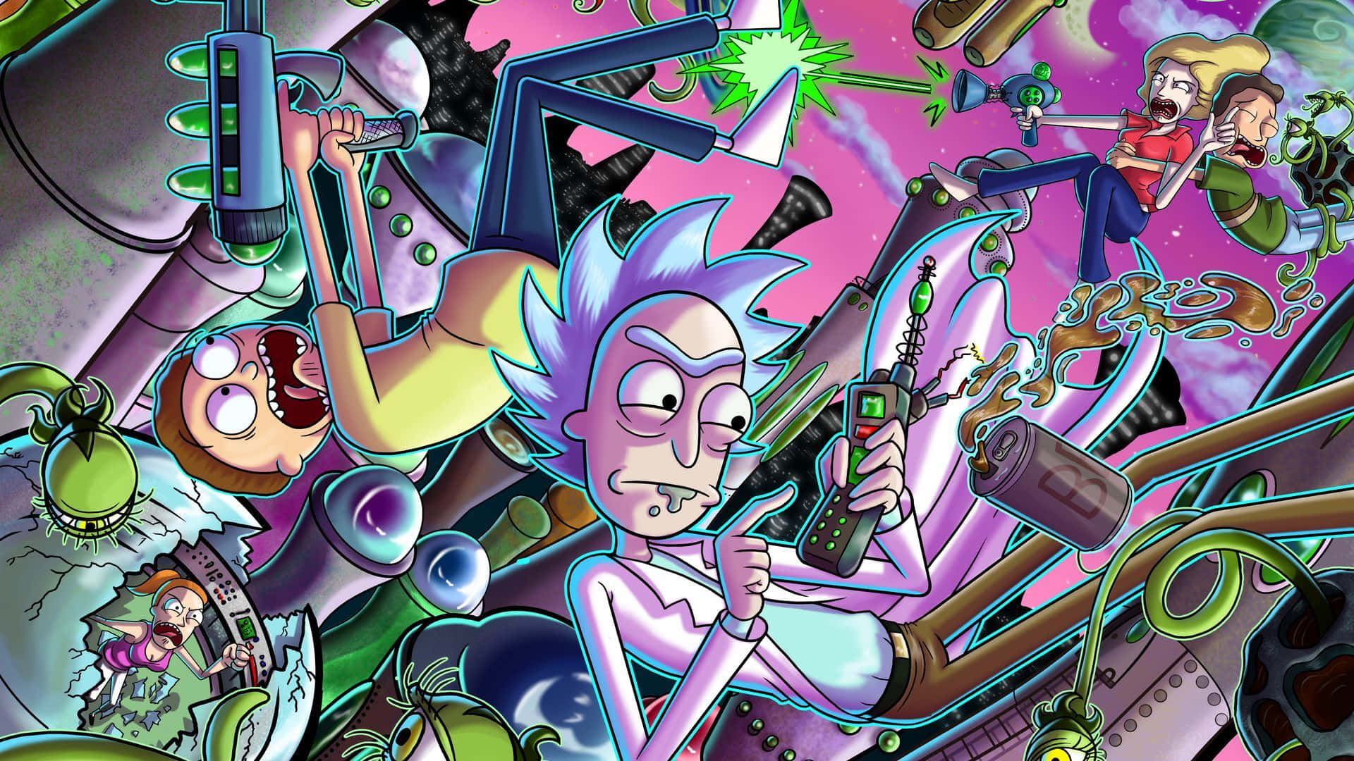 Rick And Morty 1920x1080 桌布 壁紙 — 瑞克·桑切斯和莫蒂·史密斯被困在一場混亂的科幻爆炸中，周圍是外星生物和小工具，背景是充滿活力的紫色宇宙。