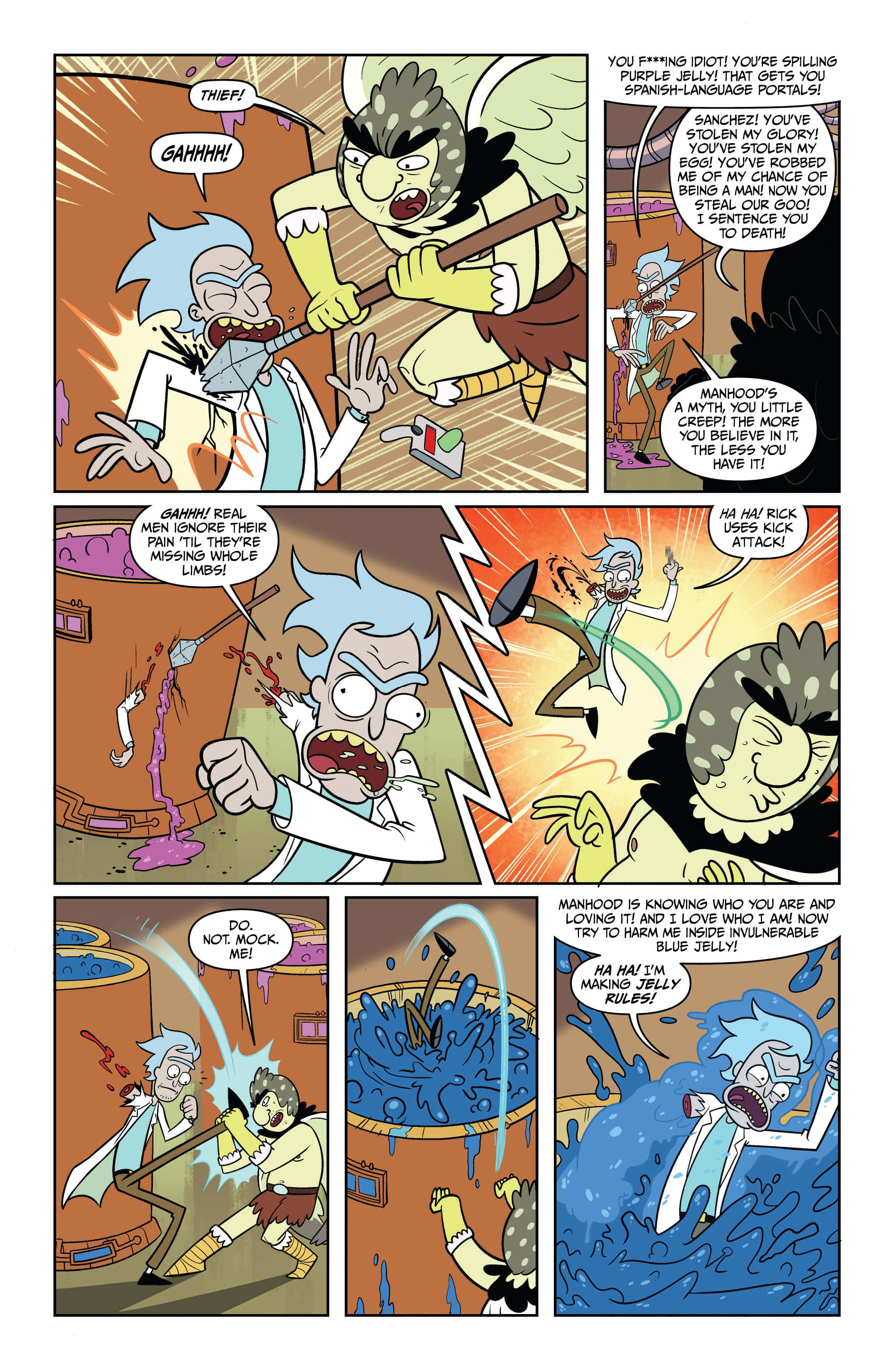 Birdperson 桌布 壁紙 — 瑞克·桑切斯在一個充滿紫色果凍和爆炸性動作的混亂漫畫格中與巨型怪物戰鬥。