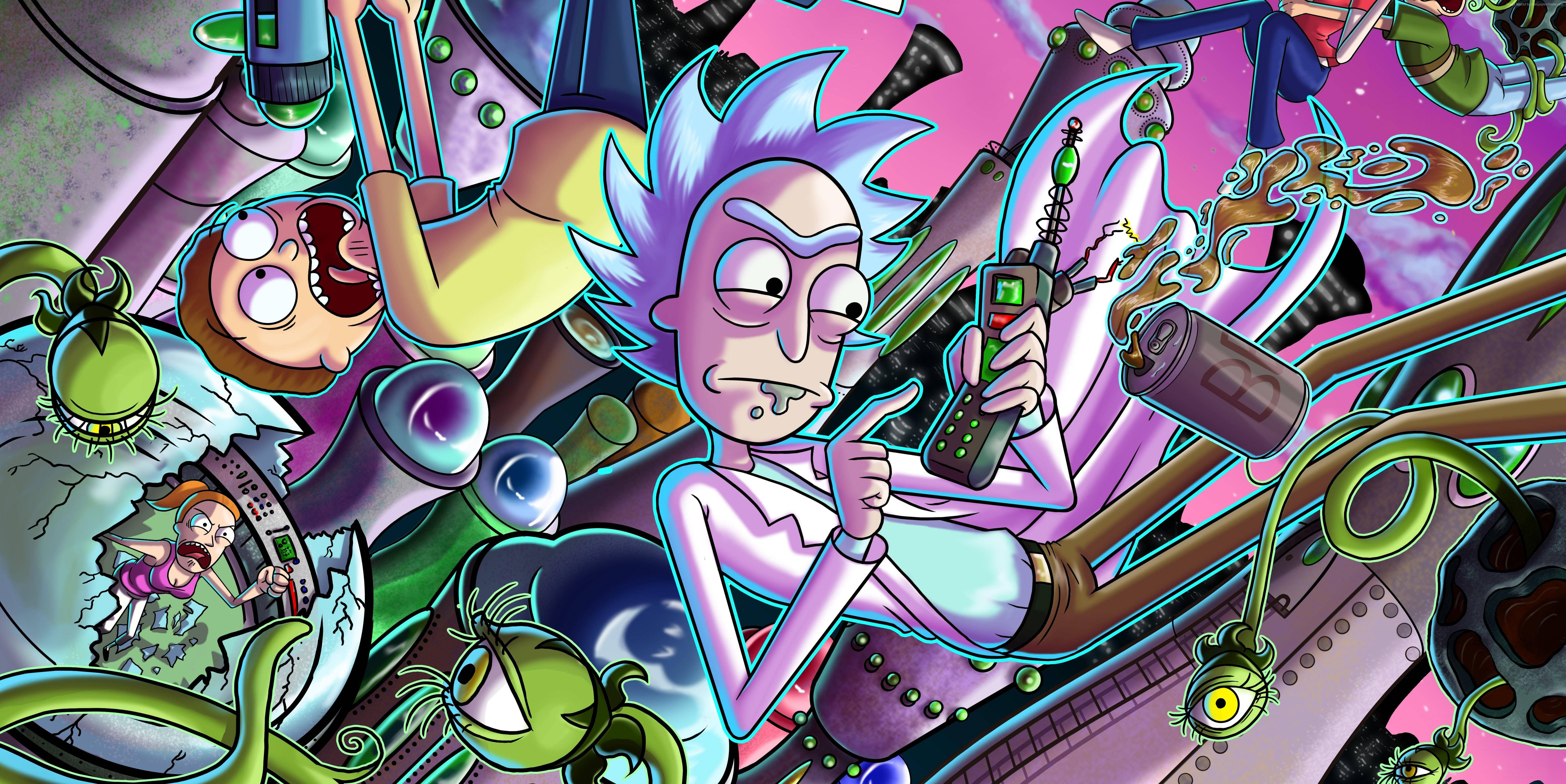 rick 桌布 壁紙 — 瑞克·桑切斯在混亂的科幻小工具和外星生物中懶洋洋地躺著，身處充滿活力的卡通爆炸場景。