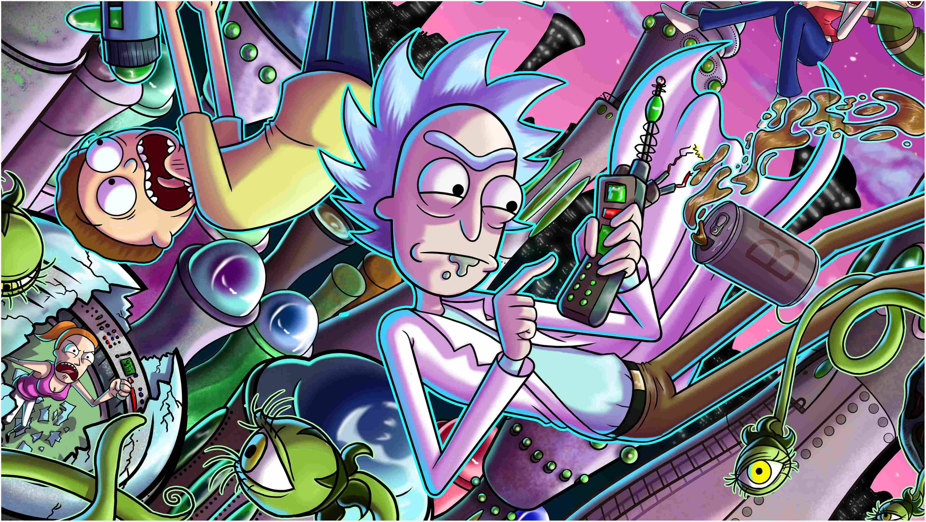 rick 桌布 壁紙 — 瑞克·桑切斯在混亂的科幻混亂中，與外星生物和小工具一起在充滿活力的卡通爆炸中閒逛。