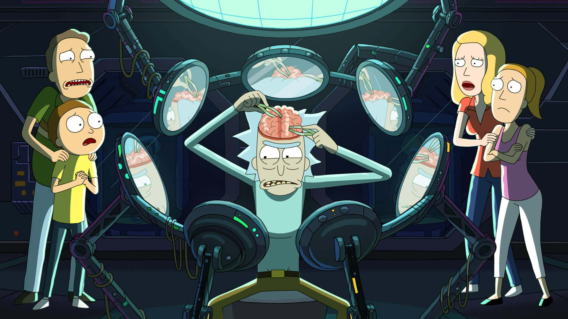 Rick And Morty 1920x1080 桌布 壁紙 — 瑞克·桑切斯在科幻實驗室用鑷子取出自己的大腦，而莫蒂、桑默和貝絲驚恐地看著。