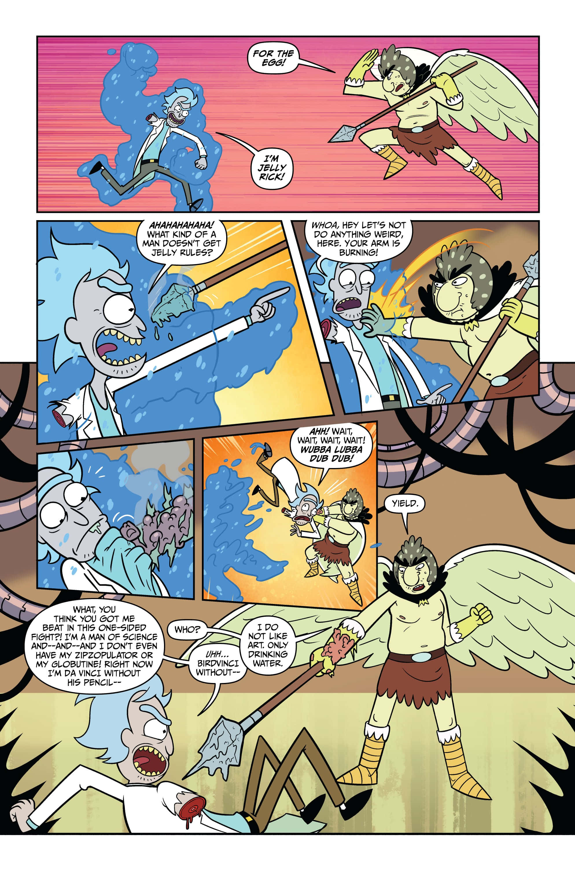 Birdperson 桌布 壁紙 — 瑞克·桑切斯在色彩鮮豔、表情誇張的漫畫格中與一名有翼戰士戰鬥。