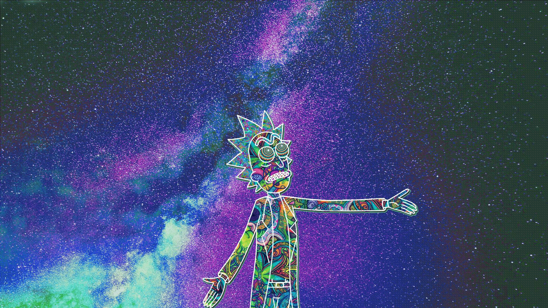 Rick And Morty Laptop 桌布 壁紙 — 瑞克·桑切斯張開雙臂，站在充滿旋轉紫色、藍色和綠色星體的 vibrant 宇宙星雲前。