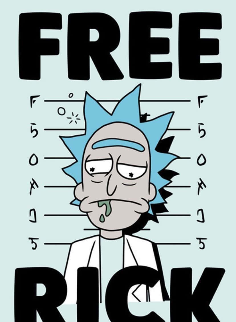 Total Rickall 桌布 壁紙 — 瑞克·桑切斯流口水的嫌犯照風格卡通，以 'FREE RICK' 文字和警察網格線框住。