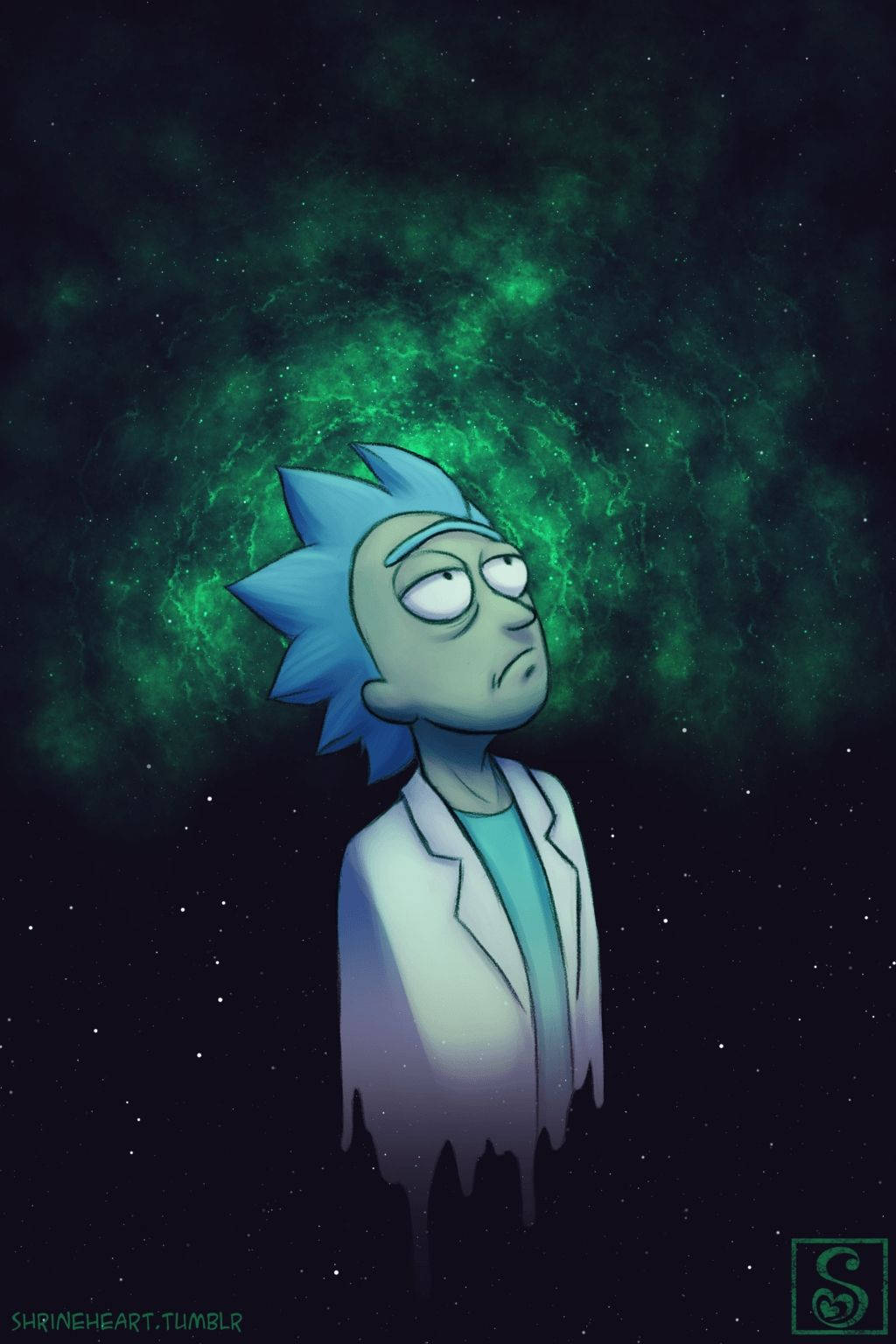 瑞克和莫蒂 桌布 壁紙 — 瑞克·桑切斯站在太空中旋轉的綠色星雲前，表情疲憊，白色外套正在融化。
