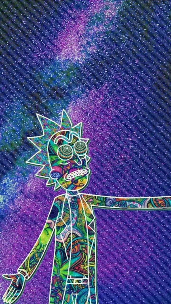 銀河 桌布 壁紙 — 瑞克·桑切斯站在宇宙星系背景前，複雜的迷幻圖案覆蓋著他的身體。