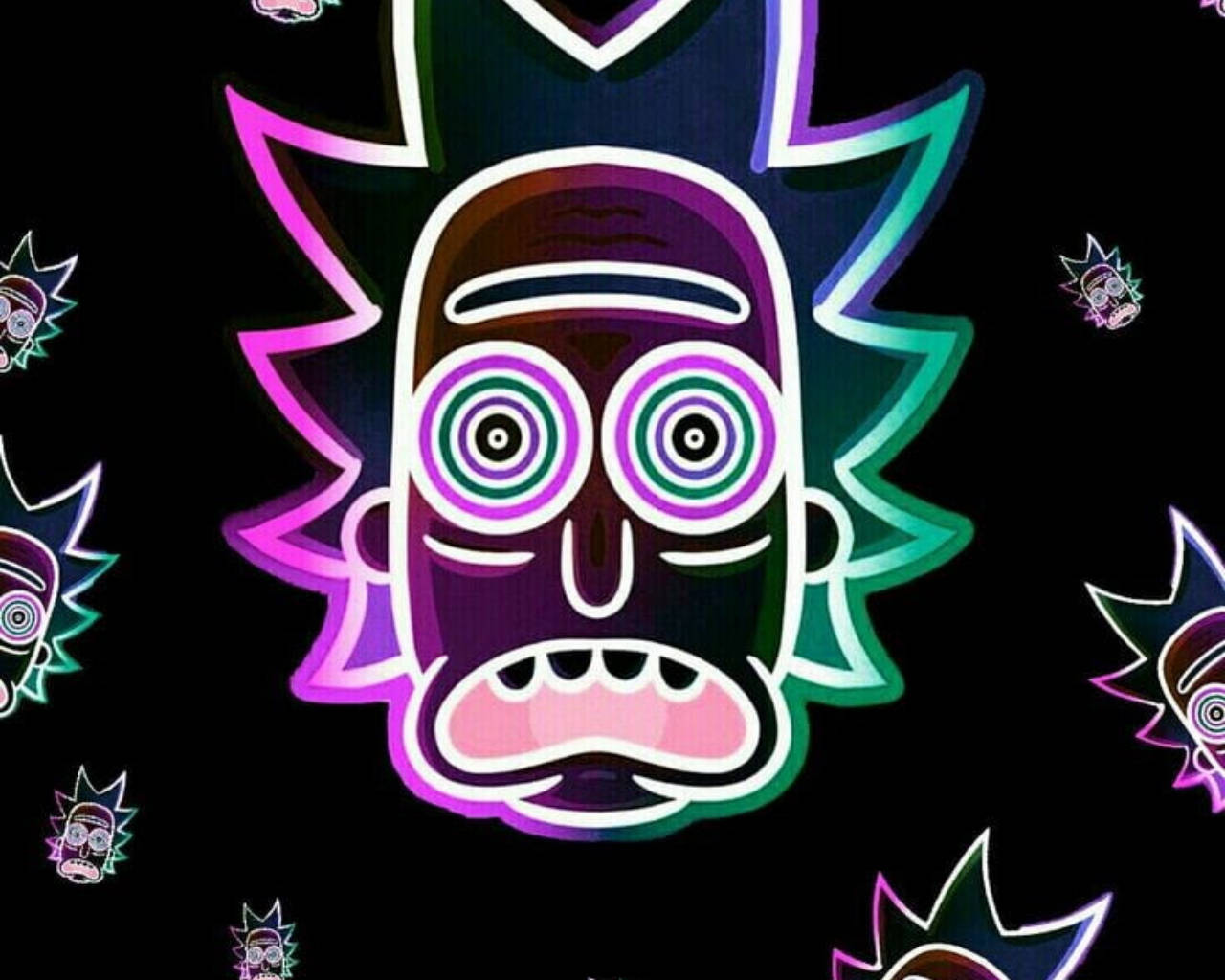 rick 桌布 壁紙 — 瑞克·桑切斯臉部的鮮豔霓虹輪廓，帶有螺旋狀眼睛，黑色背景上還有較小的重複版本。