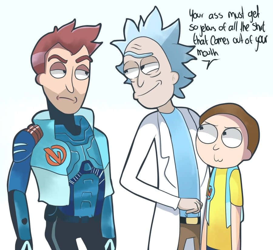 Total Rickall 桌布 壁紙 — 瑞克、莫蒂和夏天站在一個穿著藍色盔甲的脾氣暴躁的男人旁邊，瑞克以漫畫風格說出諷刺的侮辱。